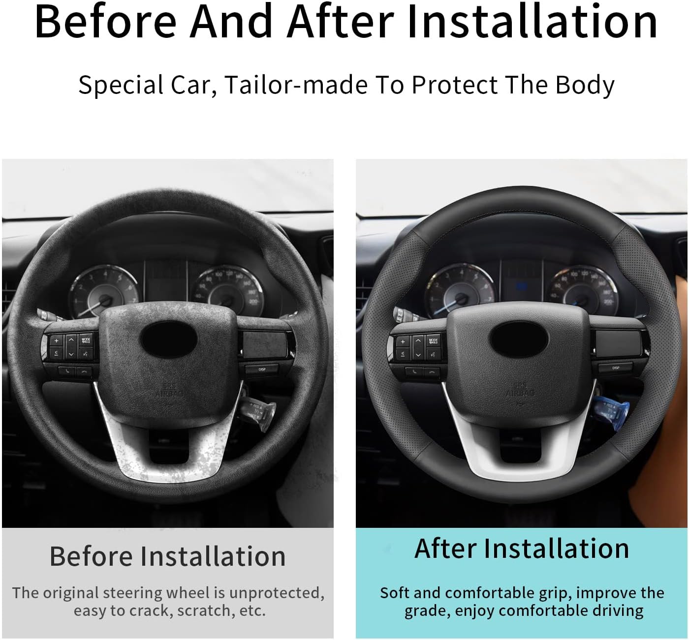 Hand-Stitched Steering Wheel Cover,Fit for Toyota Hilux 2016 2021/Hilux Special Edition 2019,Non-Slip Breathable Microfiber Leather Steering Wheel Cover on Wrap DIY Hand Sewn Car Interior