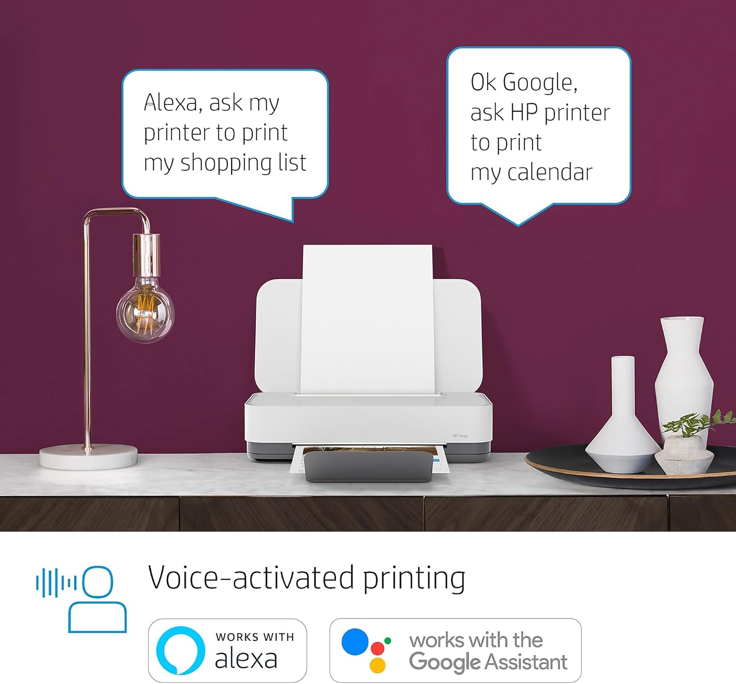 HP Tango printer with examples of voice commands for Alexa and Google Assistant, such as 'Alexa, ask my printer to print my shopping list'.