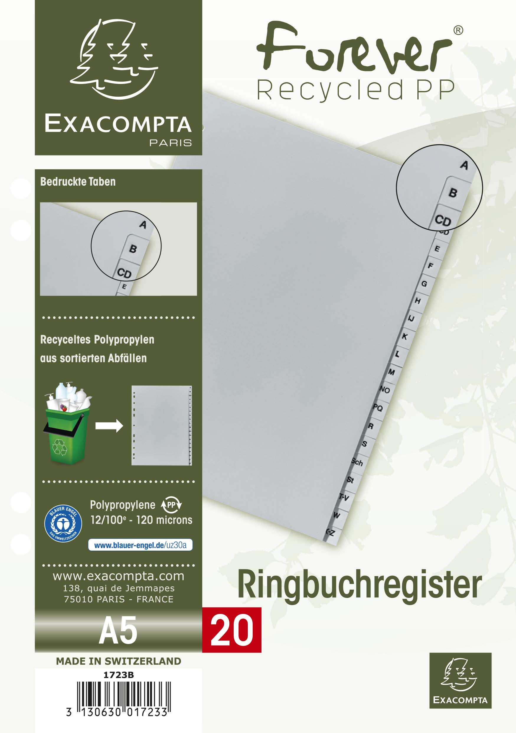 Exacompta - Ref 1723B - Grey Polypropylene dividers - 20 Printed Keys - German Alphabet - 2/3 Size A4 - Recycled Polypropylene