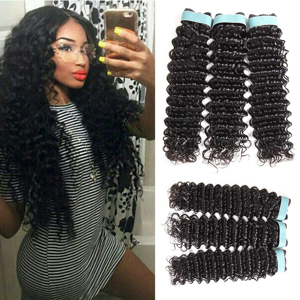 Aatifa Lace Rosa 9A Brazilian Virgin Hair Deep Wave 3 Bundles 100% Unprocessed Natural Color Can Be Dyed and Bleached, (16/18/20 Inch)
