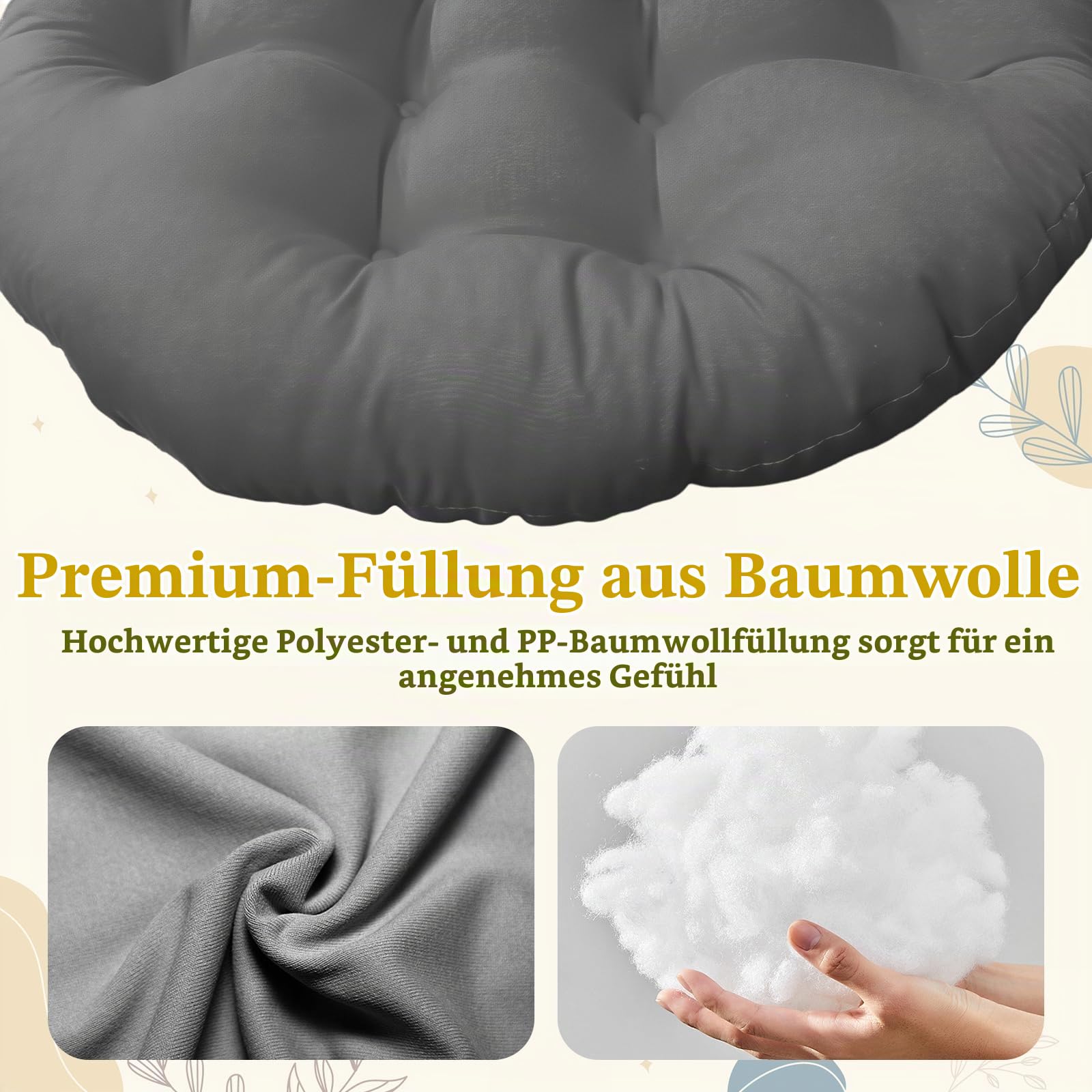 Baoblaze Gartenstuhl Kissen, 60 cm Rundes Sitzkissen, Gemütliches Stuhlauflage, Abnehmbar Sitzkissen Outdoor/Indoor, Stuhlauflagen für Schlafzimmer, Familienzimmer, Kissen für Hängesessel, Dunkelgrau