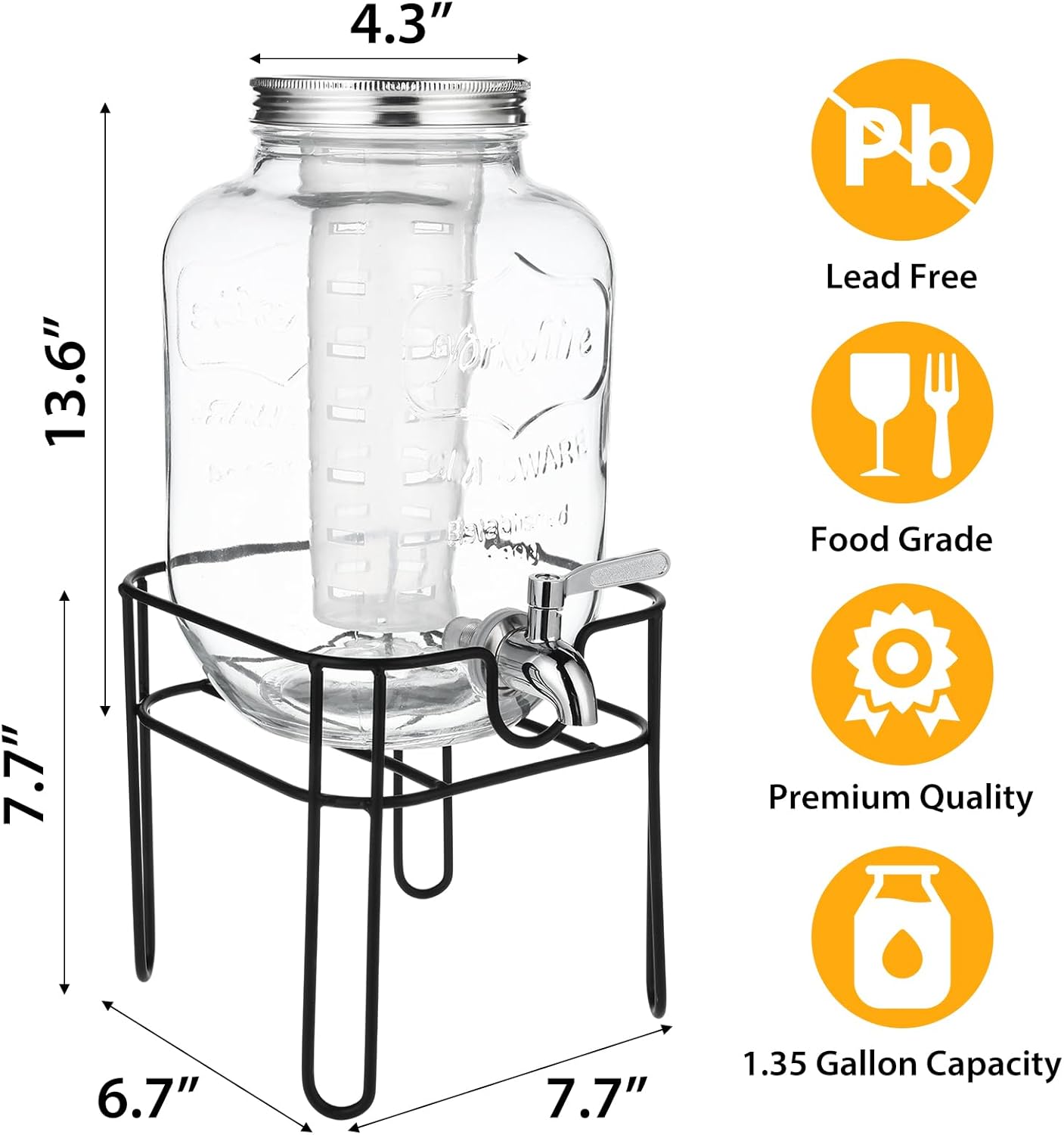 Drink Dispenser 1.35 Gallon Glass Beverage Dispenser with Stand & Stainless Steel Spigot, Drink Dispensers for Parties with Fruit Infuser for Lemonade, Iced Tea, Juice, Laundry Detergent - Image 2