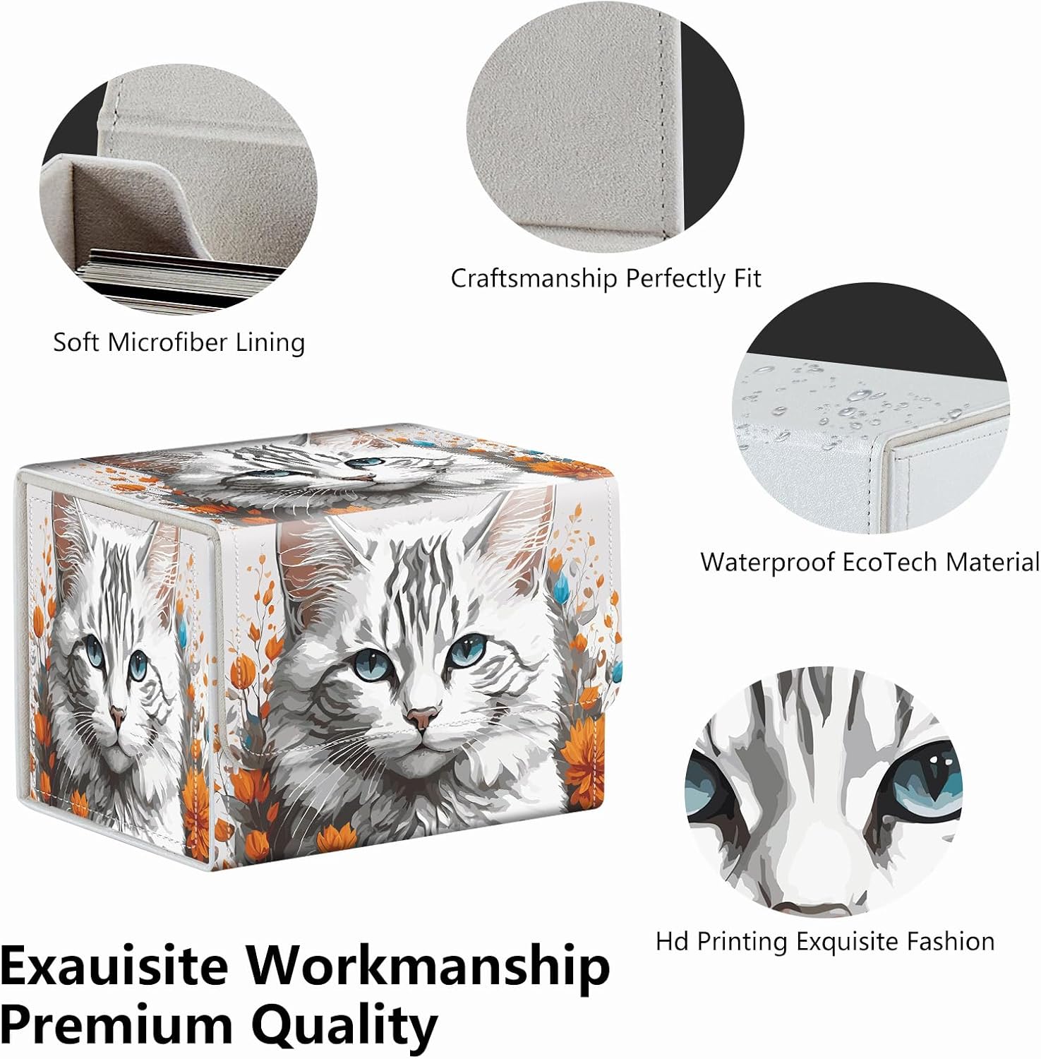 Strong Magnet Card Case Deck Box Mtg Card Box Playing Card Box Magic Deck Box Tcg Up to 200 Cards Creative Pattern Trading Card Storage Box for Collectible Card Games, Long-Haired White Cat image 3
