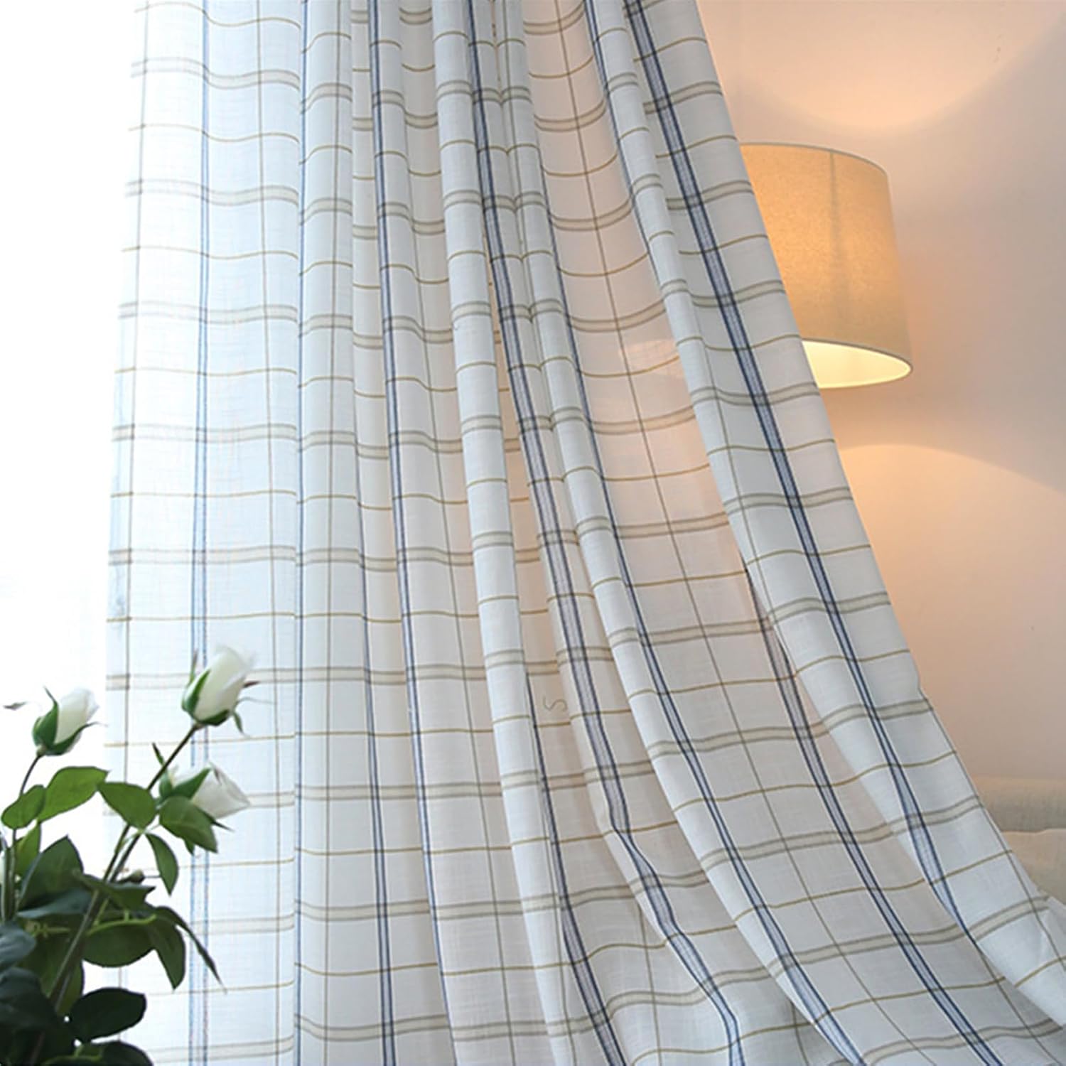 Blue Buffalo Plaid Semi Sheer Curtains Linen Textured for Living Room 84 inches Long Rod Pocket Window Drapes for Dining Bedroom 2 Panels