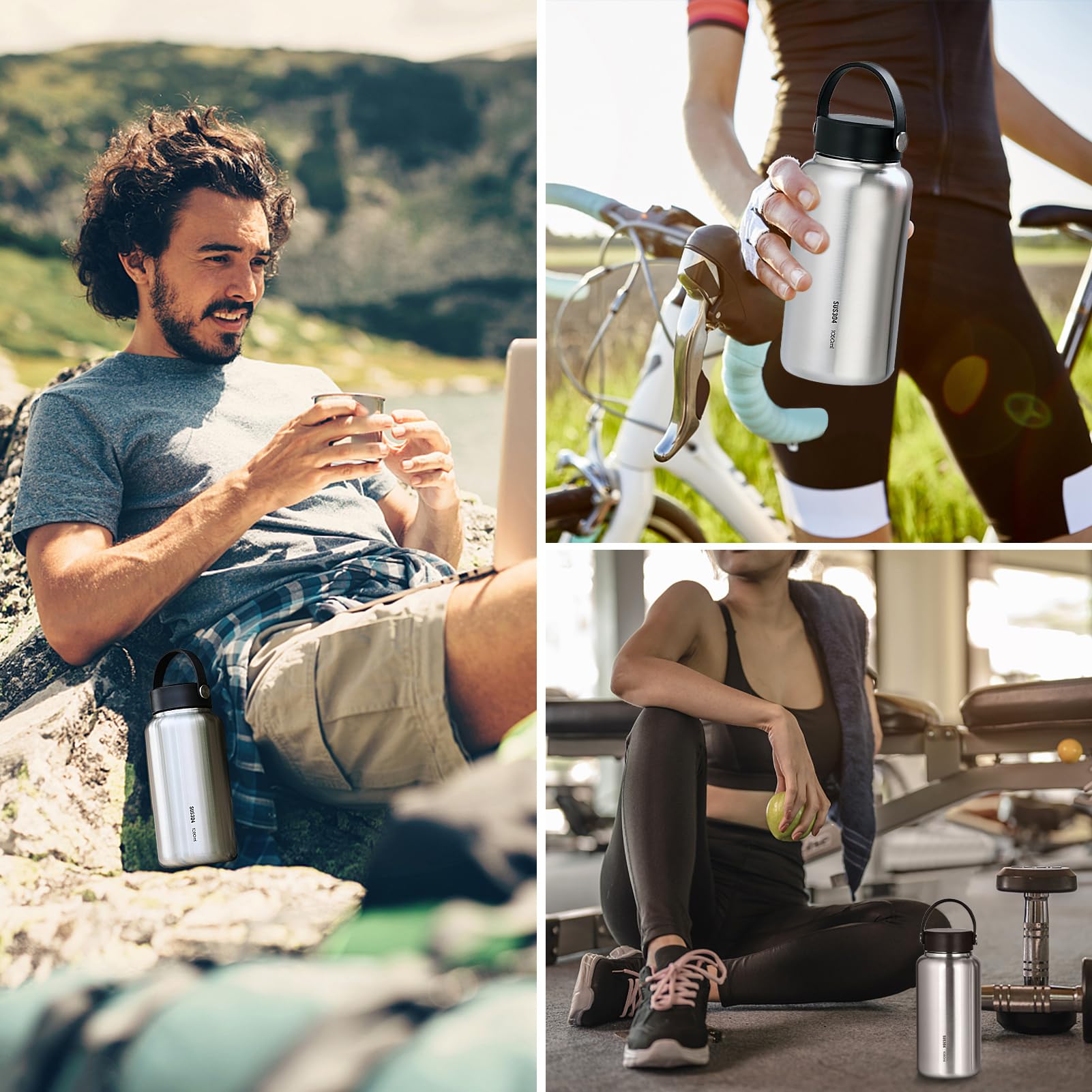 HUIOP 1050 ml Edelstahl-Wasserflasche, auslaufsicher, Sportflasche mit 750 ml Wasserbecher für Outdoor, Camping, Wandern, Sportflasche