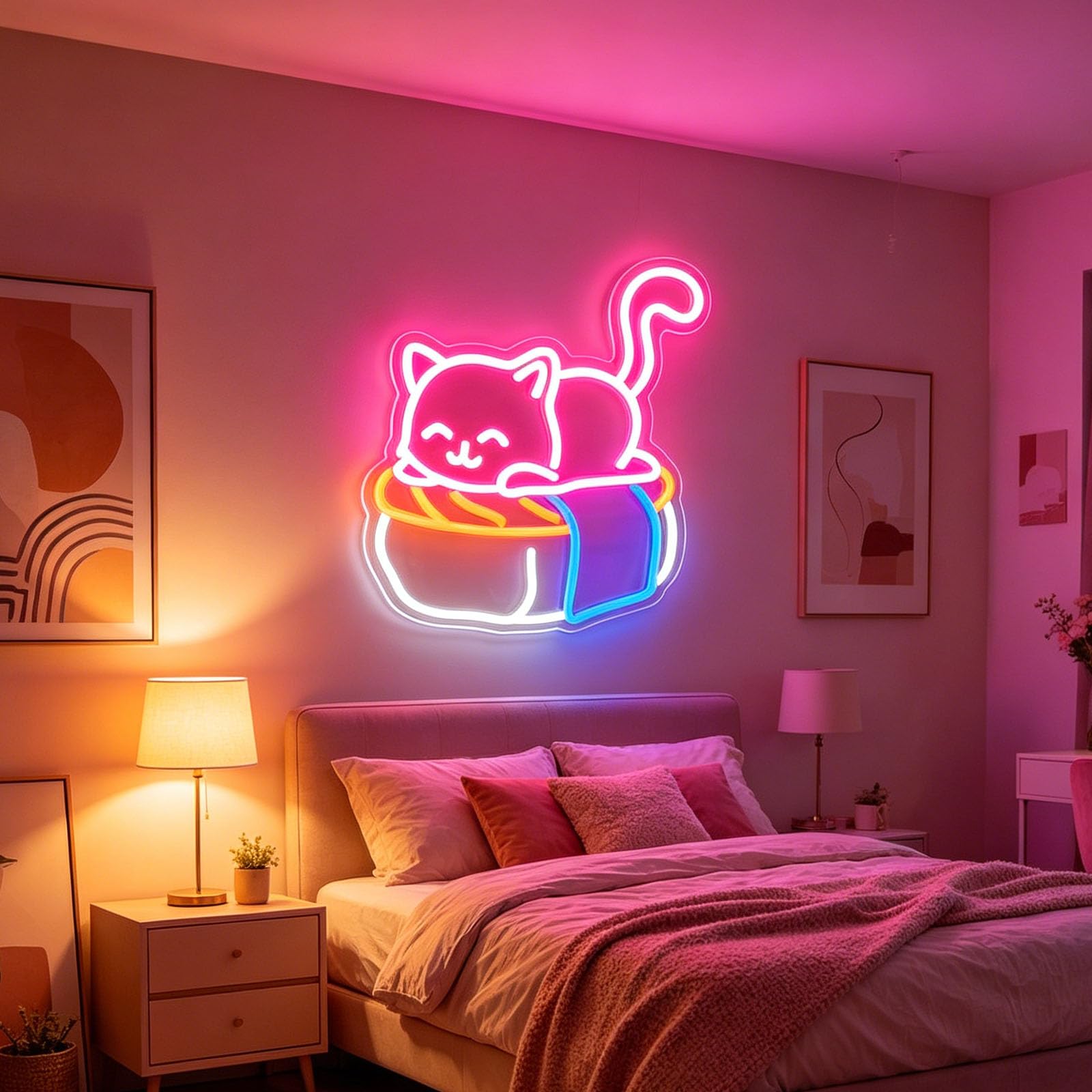 Cute Sushi Cat LED Neon Sign USB Dimmable Light Up Wall Decor Acrylic Kawaii LED Neon Light for AnimeThemed Activities Gift for Cat Lovers Game Rooms Animal Neon Light Up Wall Art (11.8 * 14.6 in)