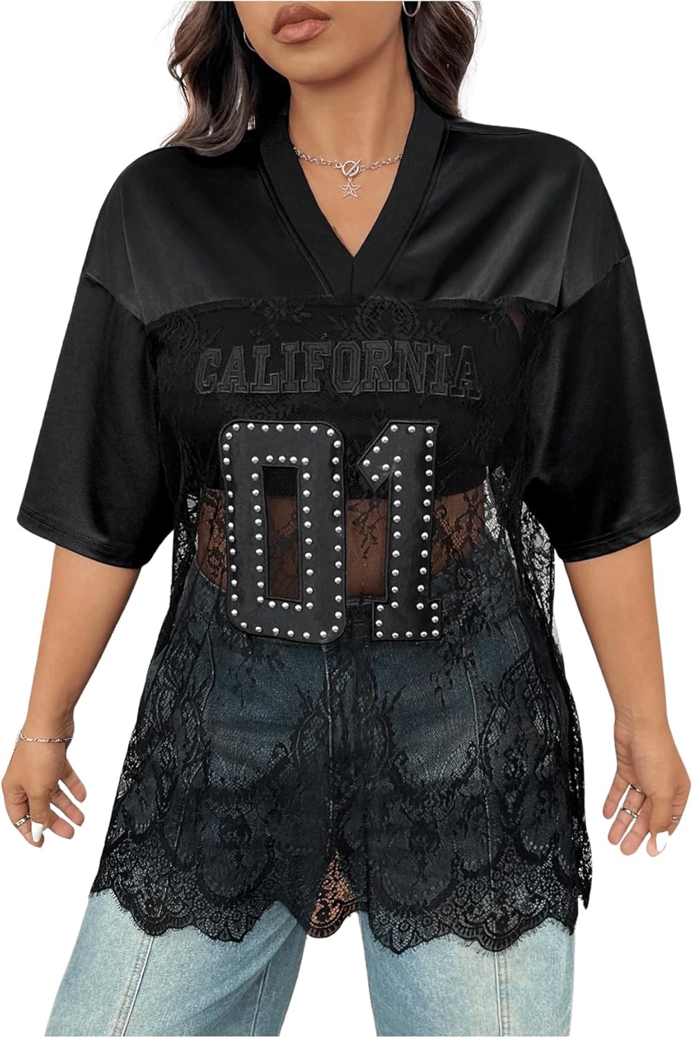 SOLY HUX Women's Plus Size Jersey Shirts Lace Sheer V Neck Half Sleeve Number Graphic Tees Casual T Shirt