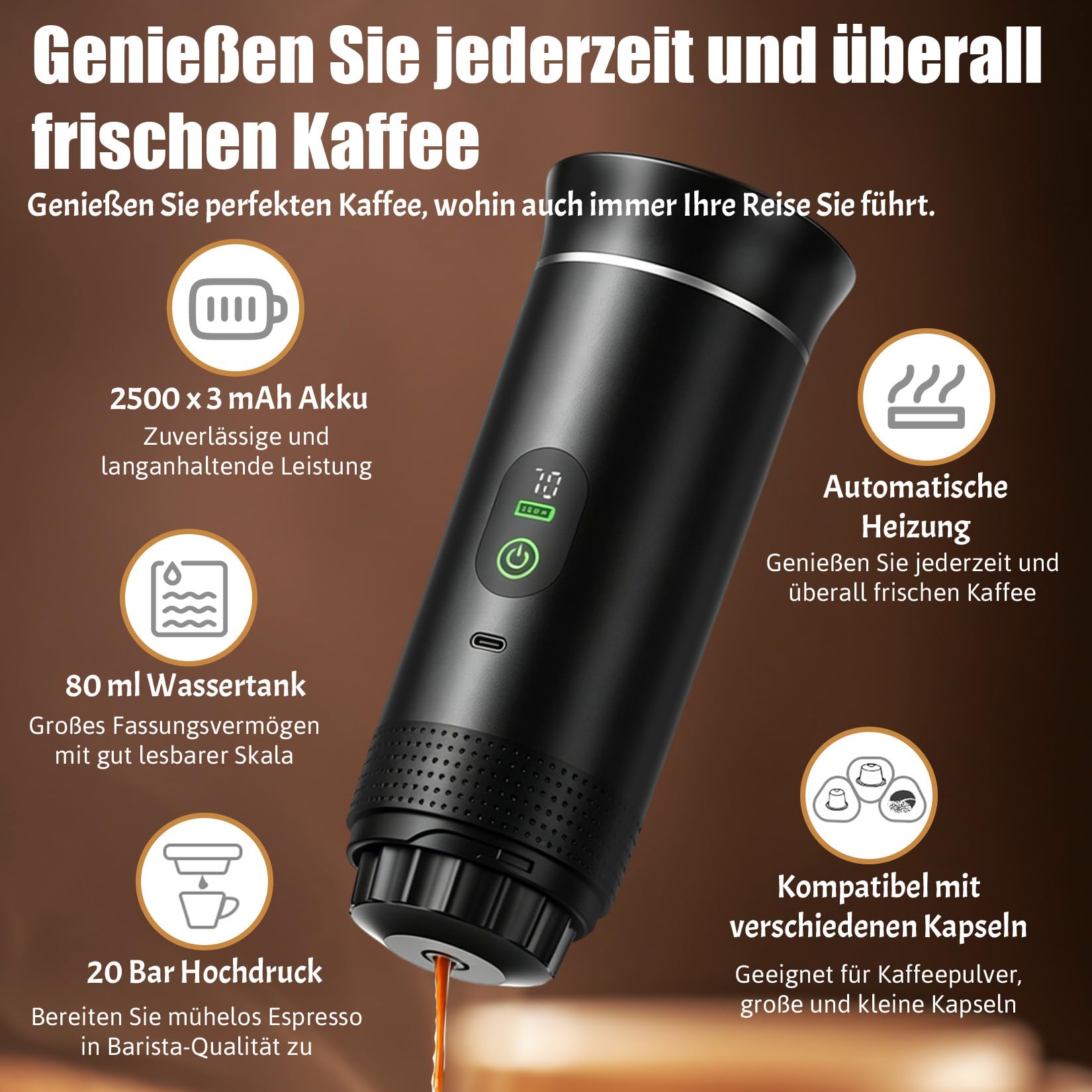 Cafetera espresso portátil 3 en 1, mini cafetera de viaje | Con Type-C, cafetera de viaje compatible con cápsulas y café molido, cafetera To Go para coche, oficina, camping