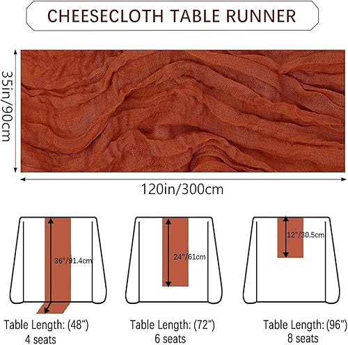 Miniatura 10 de Camino de mesa de estopilla blanca, paquete de 6 caminos de mesa de gasa bohemia de 10 pies de 35 x 120 pulgadas, camino de mesa rústico