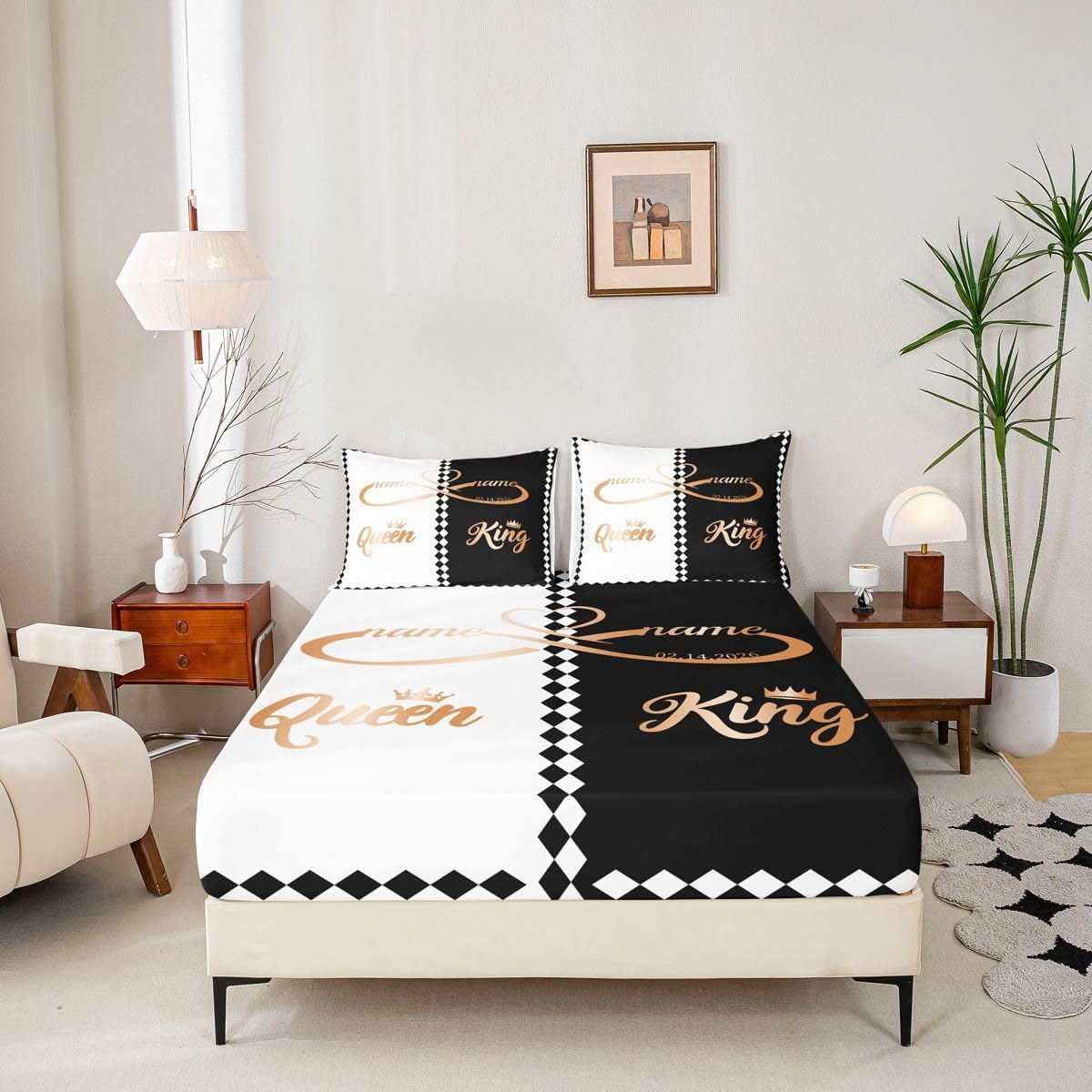 Erosebridal King and Queen Personalized Fitted Sheet Queen Romantic Valentine's Day Bed Sheets for Husband Wife Lovers Modern Black and White His Hers Bedding Set Couple Love Forever Sheets 3 Pcs