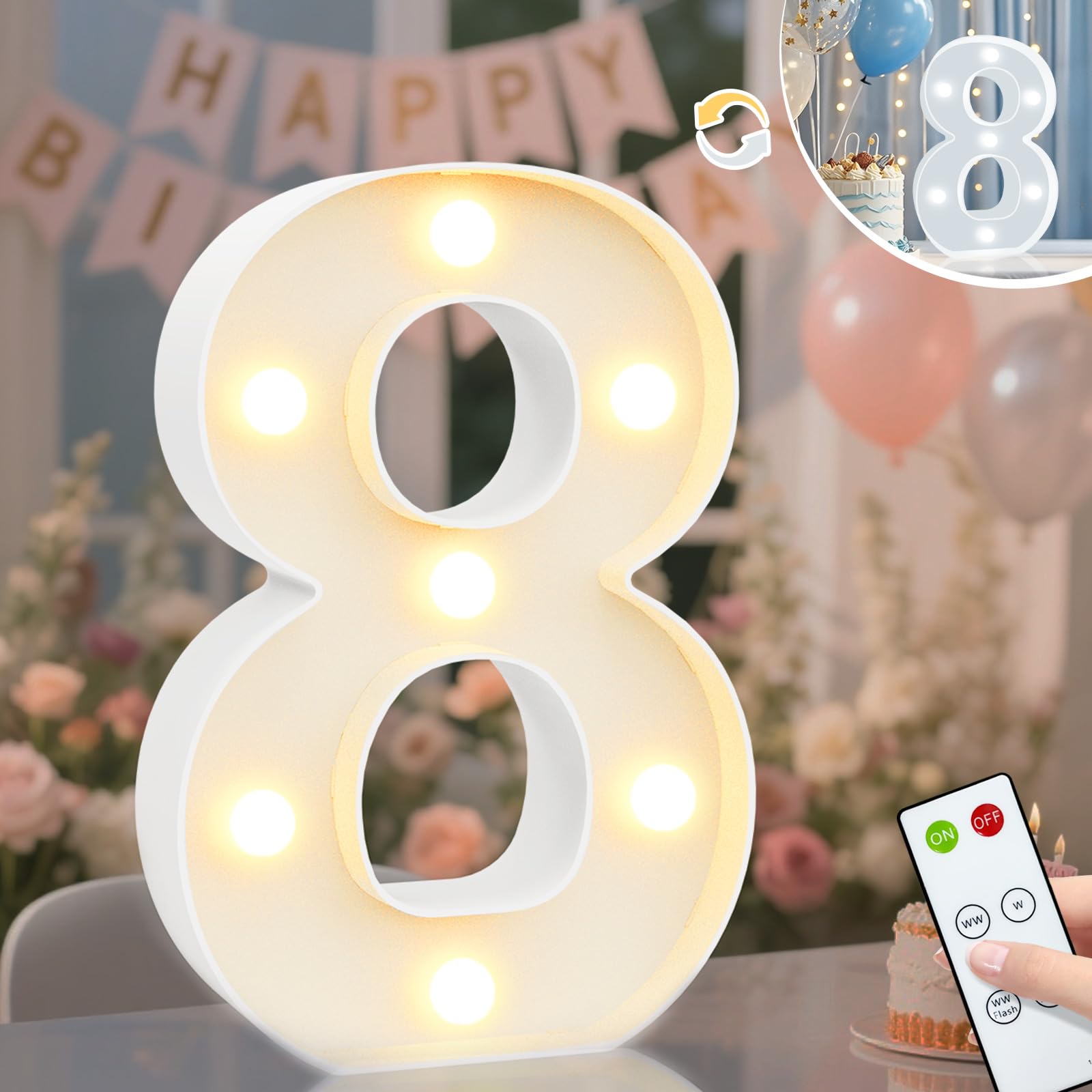 8.8" Decorative LED Light Up Numbers, Marquee Numbers Lights for 7th Birthday Decorations, Lighted Number Sign for Birthday Party Night Lights Wedding Anniversary Home Wall Decor, White Number 7 — view 80