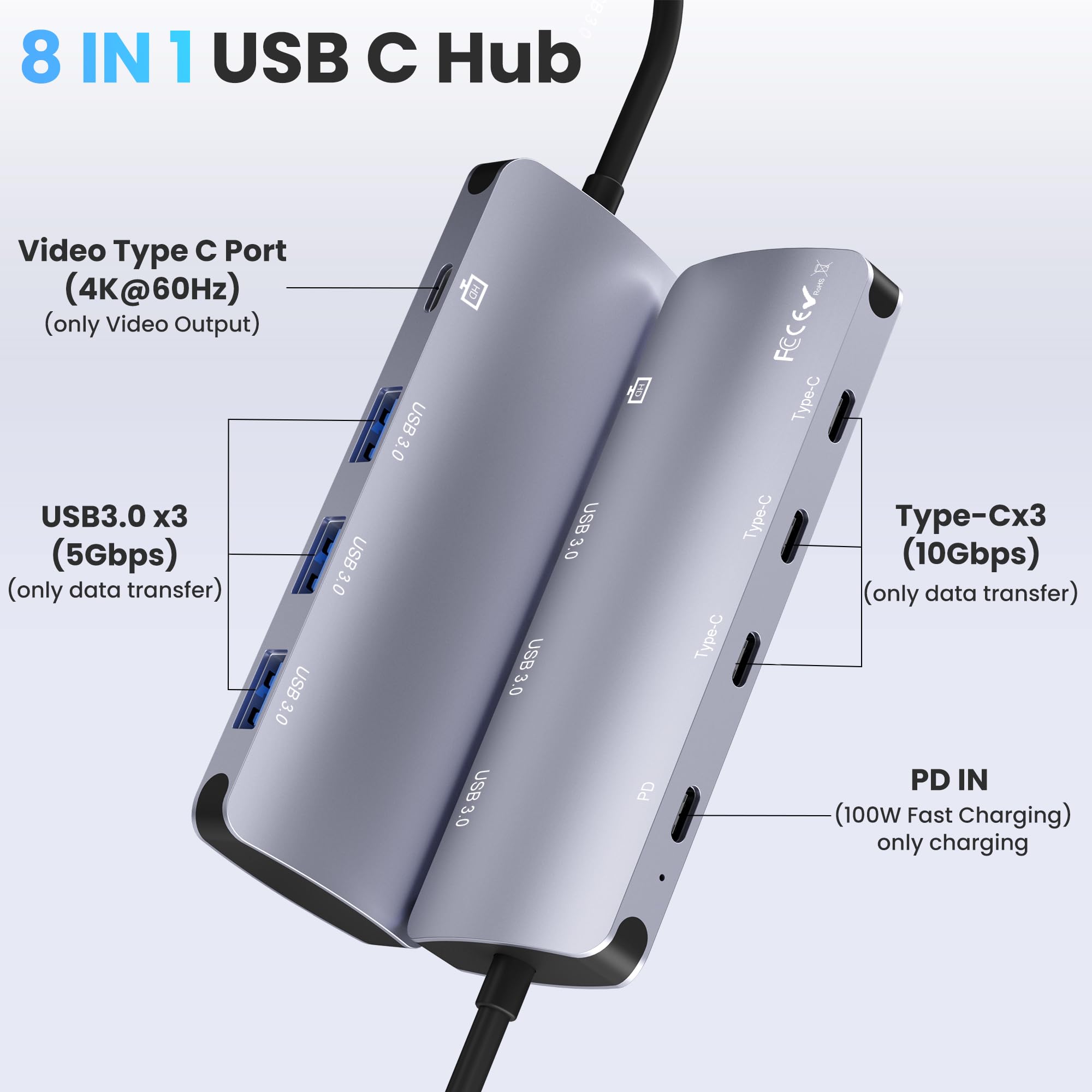Hub USB C 8 in 1, splitter USB C con uscita video 4K a 60Hz 10Gbps, ricarica erogazione di potenza 100W, trasferimento dati, adattatore multiporta hub USB4