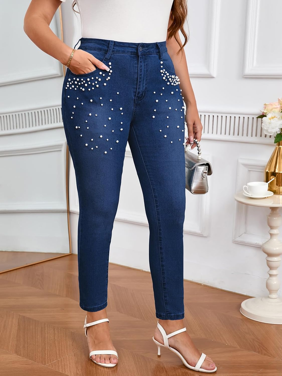 Women's Pearl Beaded Jeans Mid Rise Stretchy Skinny Denim Pants Slimming Fit Jean Bottoms - Image 5