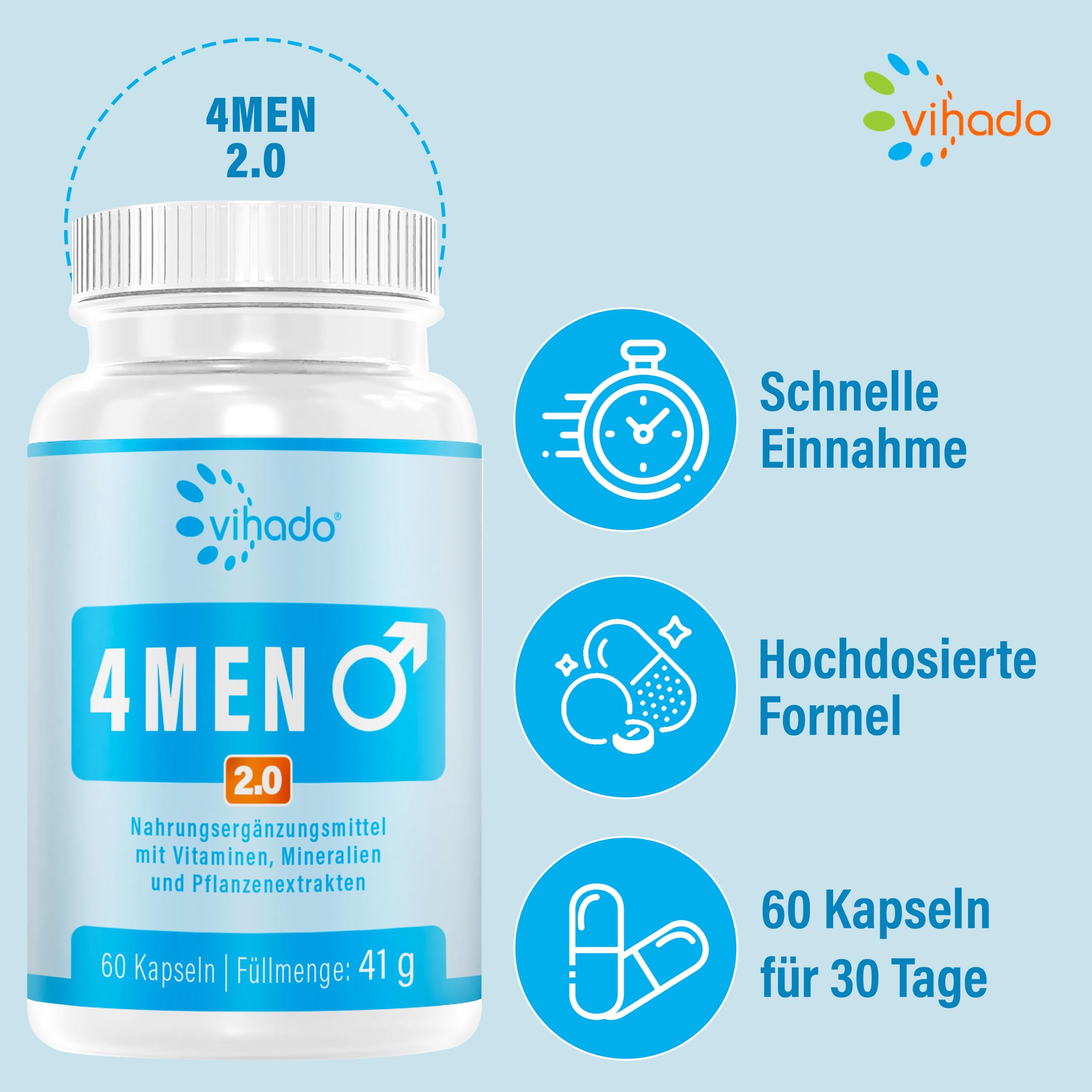Vihado 4MEN 2.0 - Männer Kapseln extrastark - DAUERHAFT Rezeptur hochdosiert - mit L-Arginin, Maca, Vitaminen, Ginseng, Ginkgo, 60 Kapseln