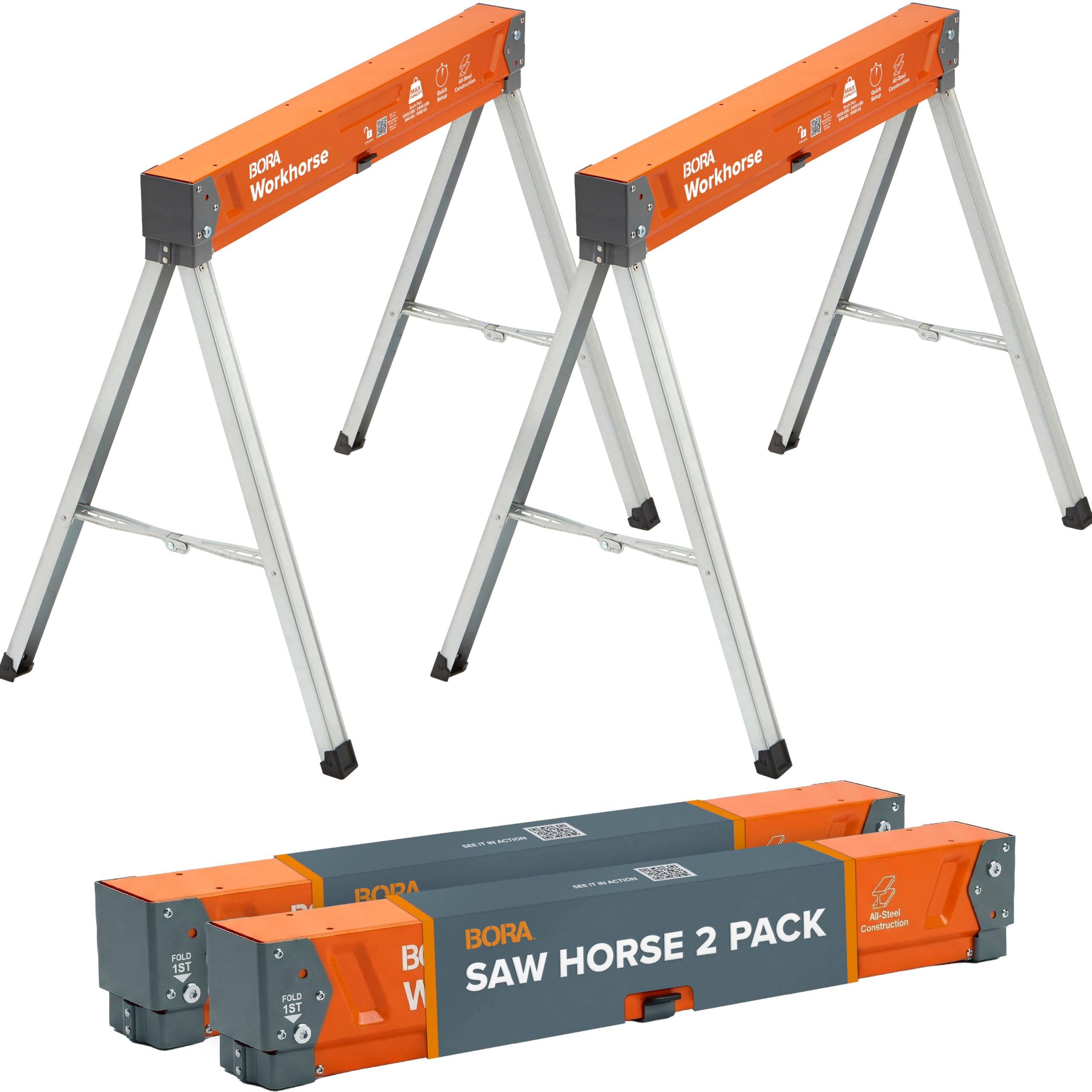 BORA Arbeitsböcke mit robustem Stahlrahmen, 500 kg Tragfähigkeit. Arbeitsbock 2er set. Unterstellblock - PM-3330T, Orange/Abendrot im Zickzackmuster (Sunset Chevron) | Sägebock 2er Set mit 2x4 Halterung & Stahlrahmen – klappbar, tragbar, für Werkbank & Ba