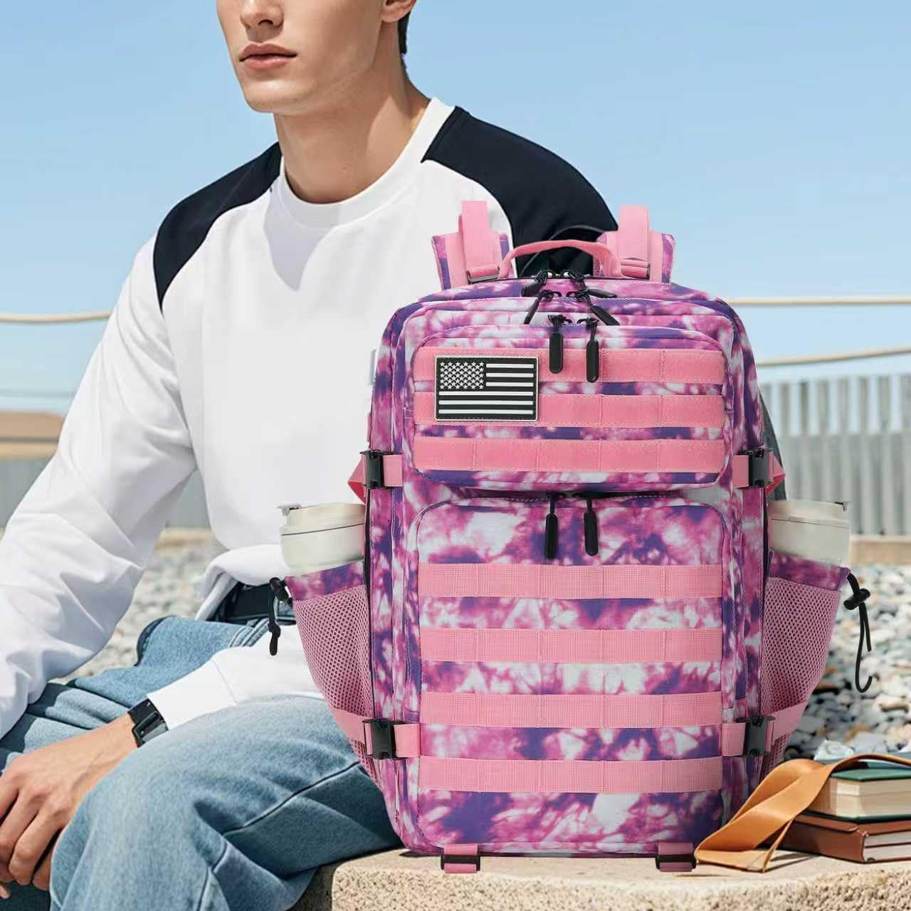 45L Tactical Assault Backpack 3 day assault pack with Molle Waterproof backpack Rucksack for Tactical Backpacks (Rose Tie-Dye) - Image 6