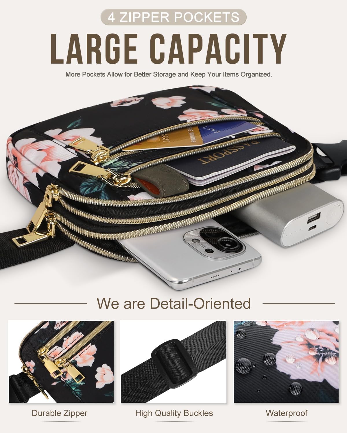 Capolo Fanny Packs for Women Fashion Waist Packs Bag with Adjustable Strap and 4 Zipper Pockets Waterproof Everywhere Crossbody Belt Bag for Workout Running Travelling(Black Flower) - Image 3