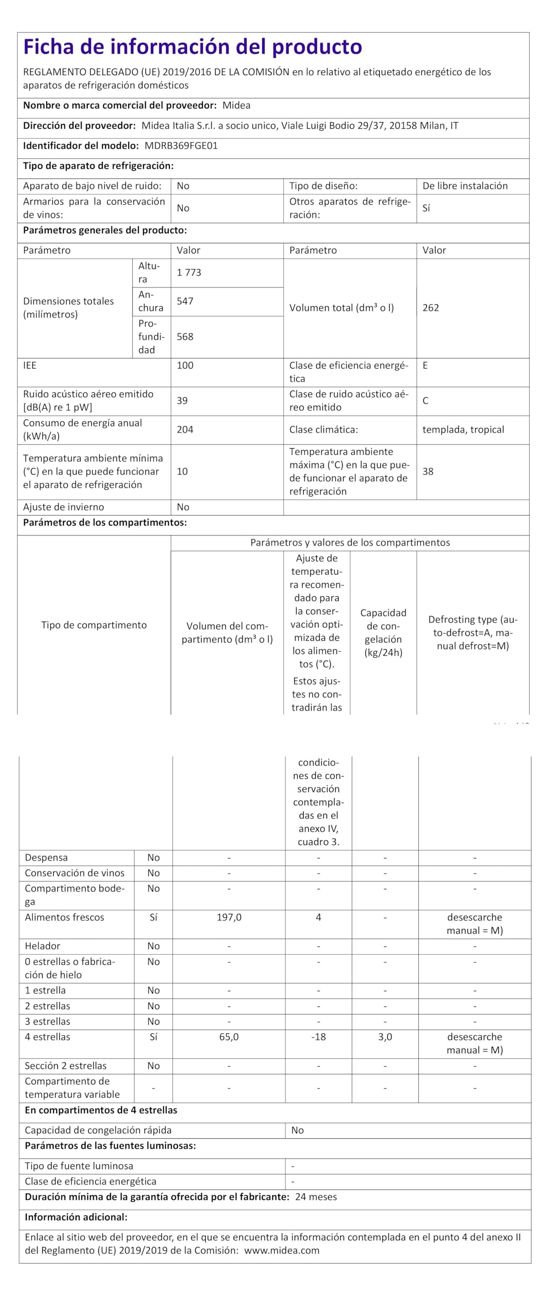 Midea Frigorifico Combi Blanco de 262 L | 55 cm x 177 cm | Nevera Combi con Congelador de 65L y Tecnología Low Frost - Refrigerador Independiente de Bajo Consumo, Puertas Reversibles, Silencioso 39 dB