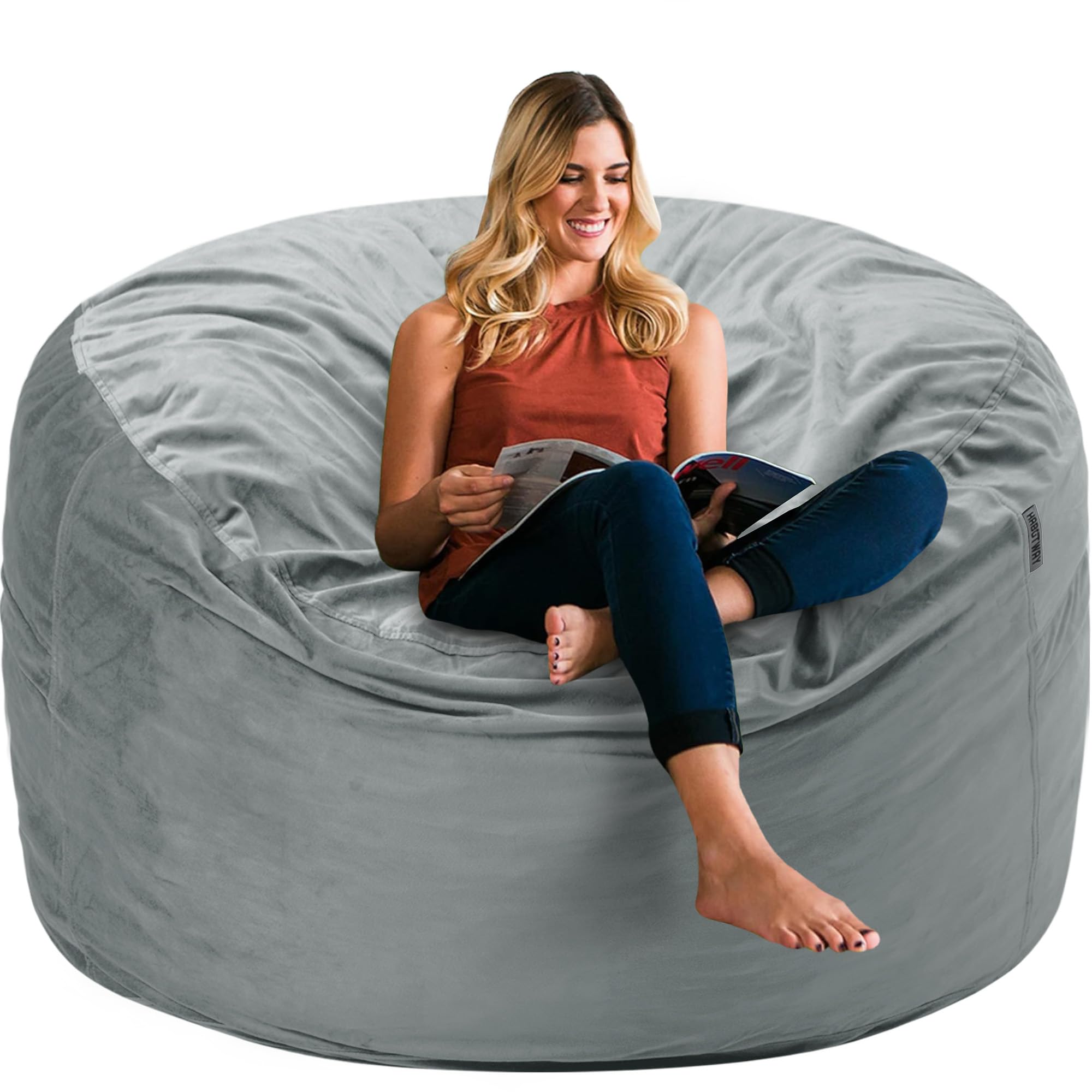 HABUTWAY Bean Bag Chair 3Ft Luxurious Velvet Ultra Soft Fur with High Rebound Memory Foam Bean Bag Chairs for Adults Plush Lazy Sofa with Fluffy Sponge 3' (Light Grey)