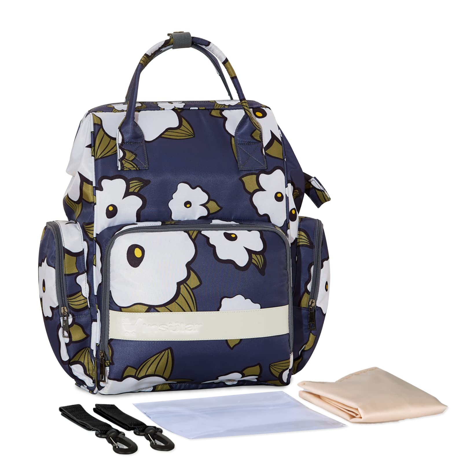 SONARIN Multifunzionale Impermeabile Zaino Fasciatoio,Grande Capacità Borsa per Pannolini Zaino Mamma Neonato Viaggio Borsa Fasciatoio con Fasciatoio & Ganci per Passeggino(Fiori)