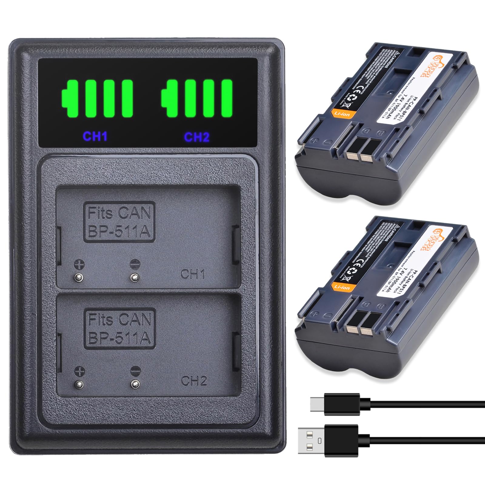 BP-511 BP-511A Battery and LED USB Dual Charger for Canon EOS 5D, 10D, 20D, 30D, 40D, 50D, Digital Rebel 1D, D60, 300D, D30, Kiss Powershot G5, Pro 1,