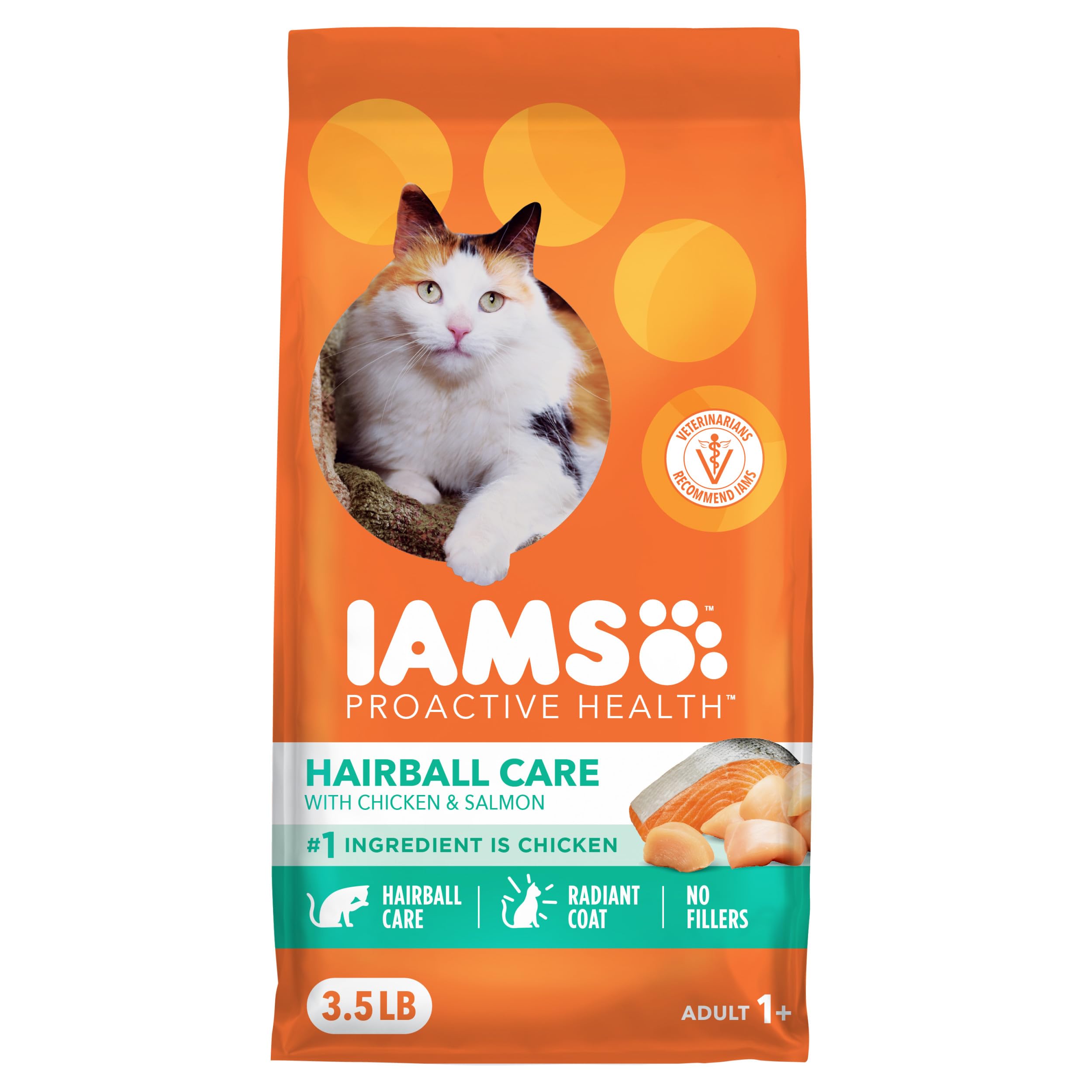 Iams PROACTIVE HEALTH Adult Hairball Care Dry Cat Food with Chicken and Salmon Cat Kibble, 3.5 lb. Bag