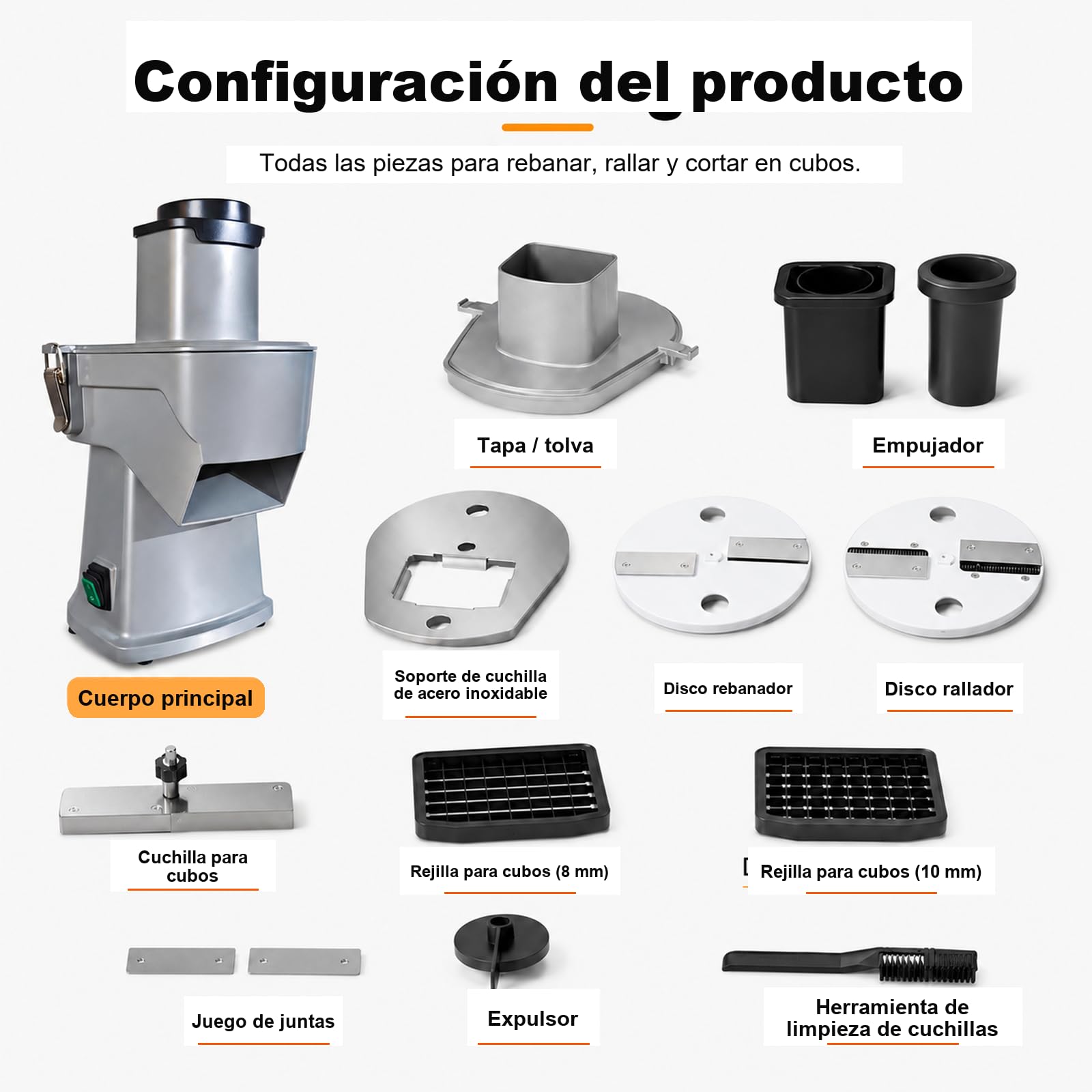 Cortadora Eléctrica Comercial de Verduras, Rebanadora, Ralladora y Cubos