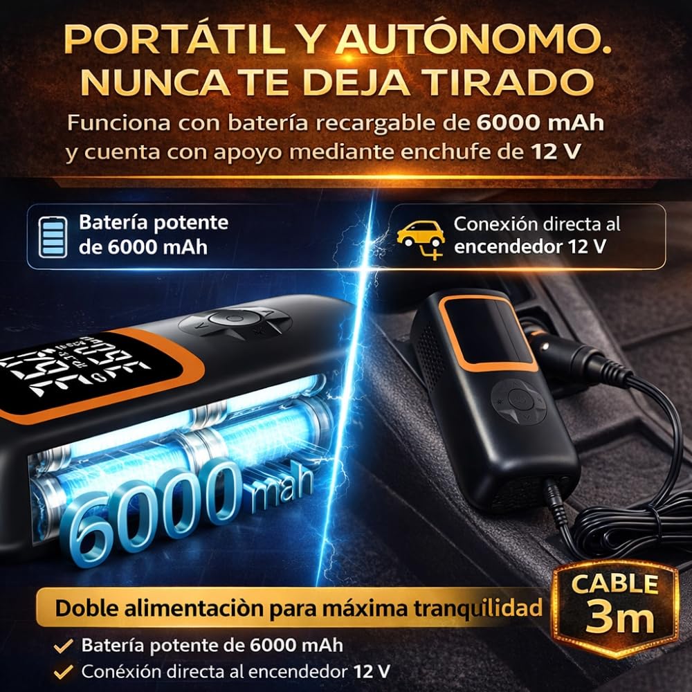 Compresor aire portatil coche, Batería 6000mAh y Conexión 12V, 150 PSI-10,3 BAR, Inflador ruedas coche con luz LED y power bank, Hinchador ruedas coche Ideal para emergencias, viajes y mantenimiento. - 4