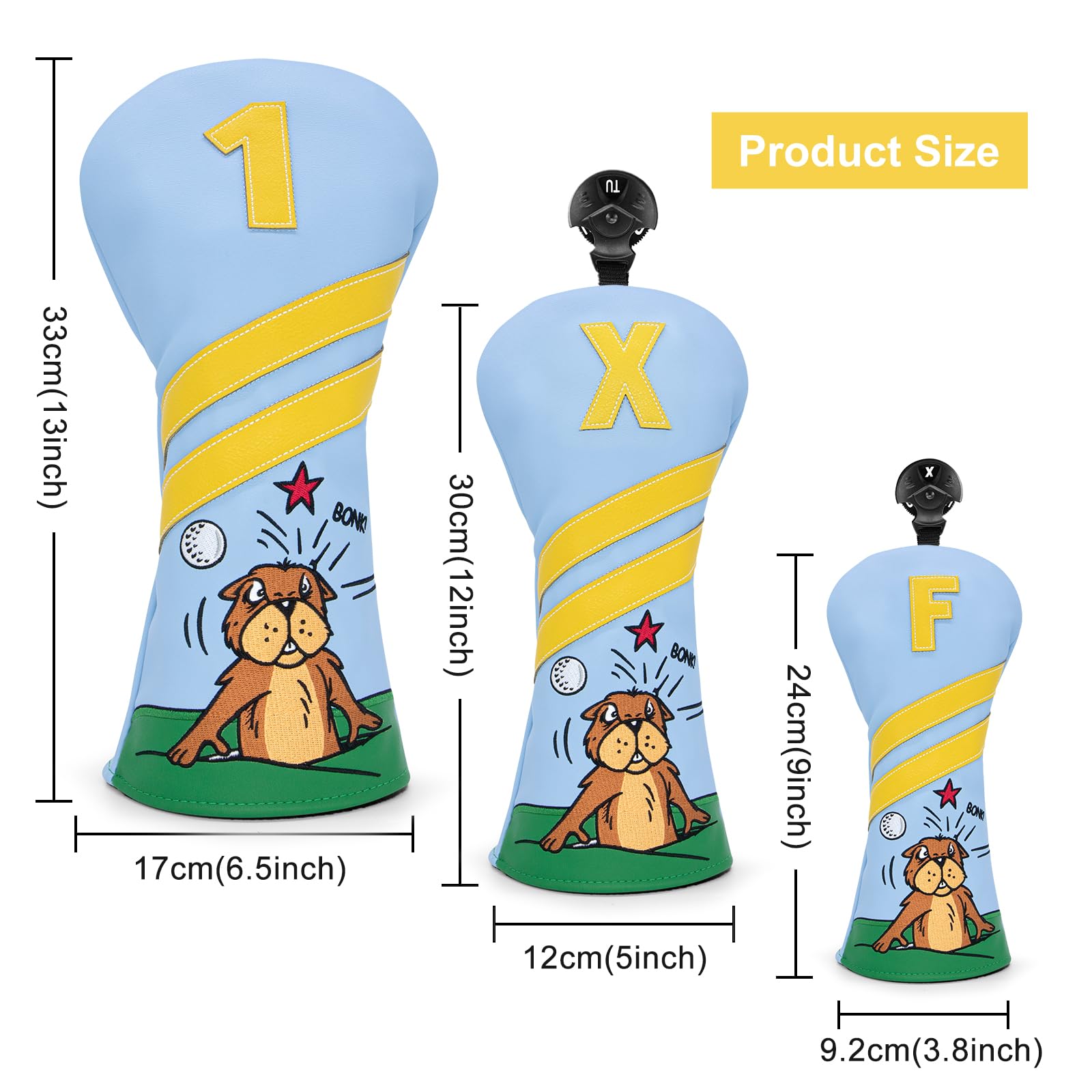 Golfschlägerhauben für Fahrerabdeckungen, Fairway-Holzabdeckungen, Hybrid-Abdeckungen im Gopher-Stil, Premium-Leder, 3-Holz-Schlägerhaube, Set mit austauschbaren Nr. Tags, Golfschlägerabdeckungen