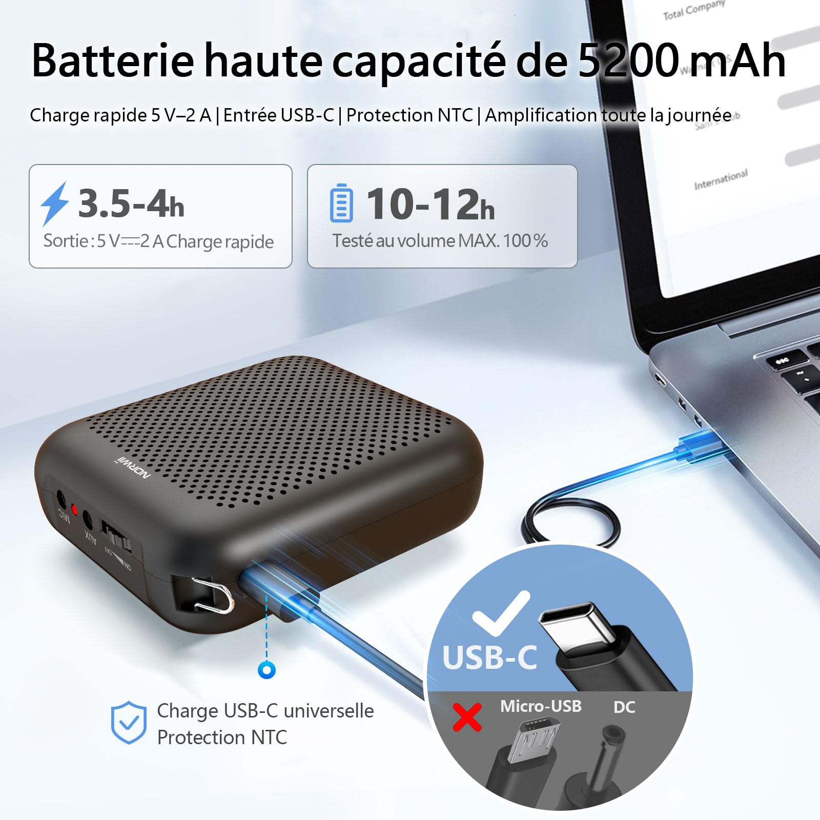 15W Amplificateur Vocal Portable avec Micro sans Fil Bluetooth & Filaire | Portable Amplificateur de voix, Batterie 5200mAh, Type-C Rechargeable, 12h d'autonomie pour Enseignants, Guides, Classe, Yoga