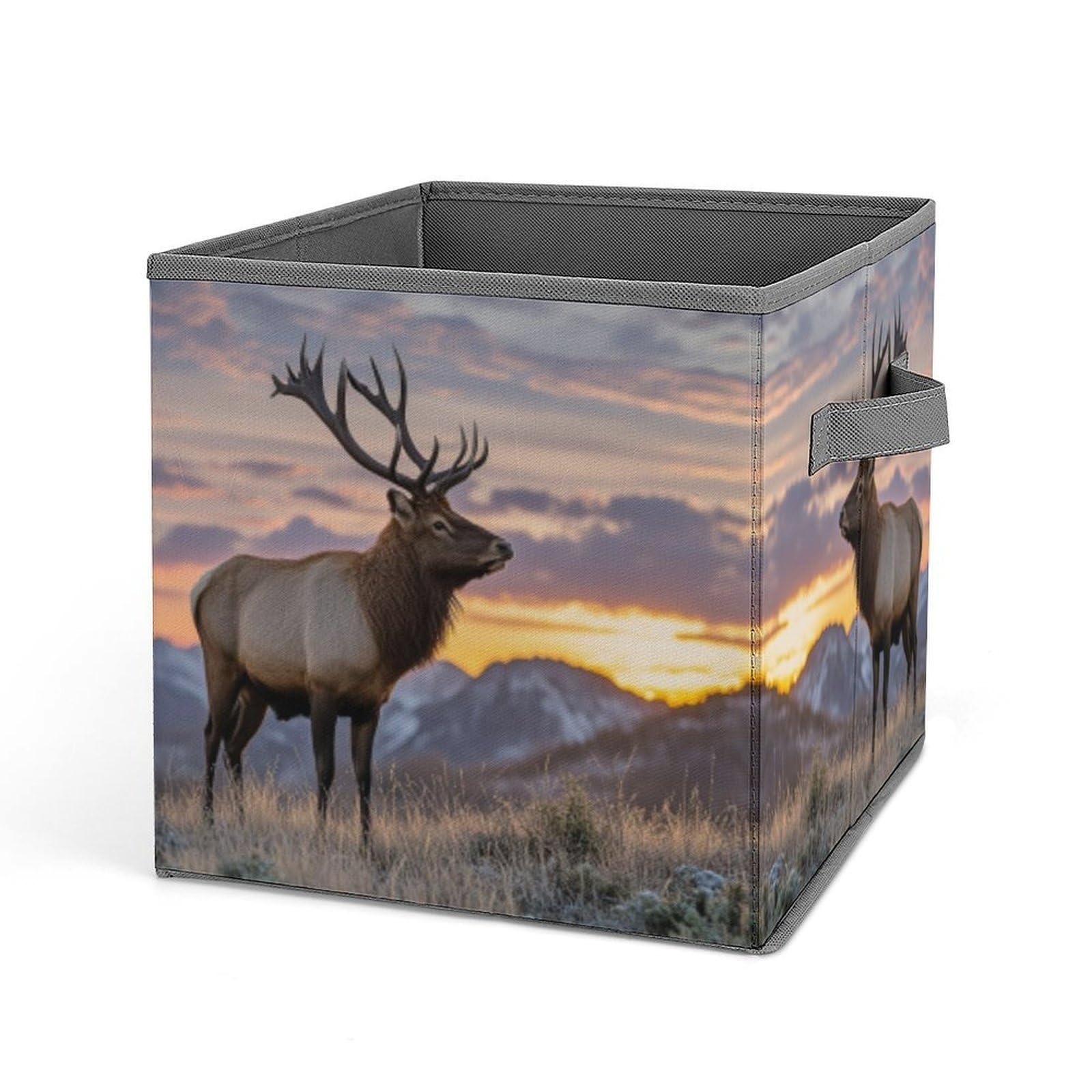 FekiLoot Red Deer Bull Elk Sunset Folding Storage Bins with Handles Large Fabric Storage Cube Storage Organizer Heavy Duty Closet Organizer Sturdy Collapsible Bin Foldable Baskets