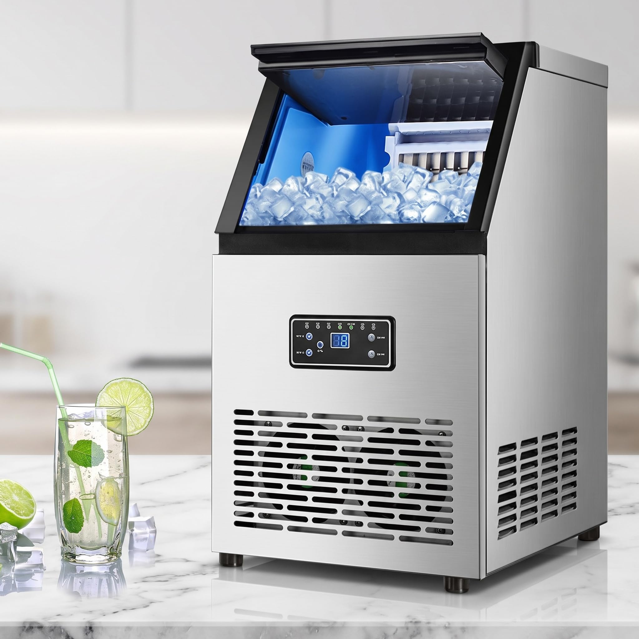 Produttore di Ghiaccio Commerciale 110Lbs/24h, stoccaggio 25Lb, Macchina del cubo del Piano di Lavoro di autopulizia per Il Ristorante del Bar dell'ufficio Domestico