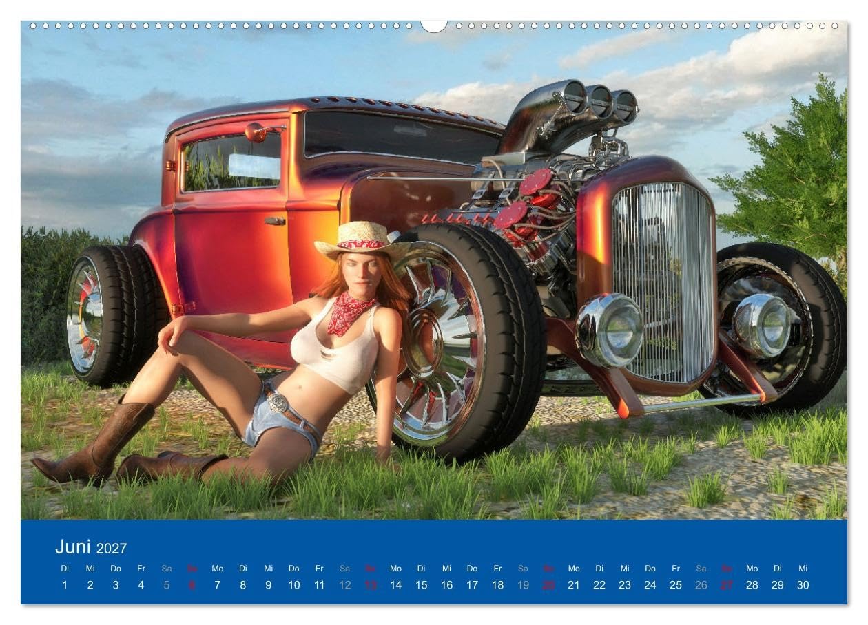 CALVENDO - Freche Frauen und heiße Kisten (hochwertiger Premium Wandkalender 2027 DIN A2 quer), Kunstdruck in Hochglanz: Coole Autos, freche Frauen - was will man(n) mehr?