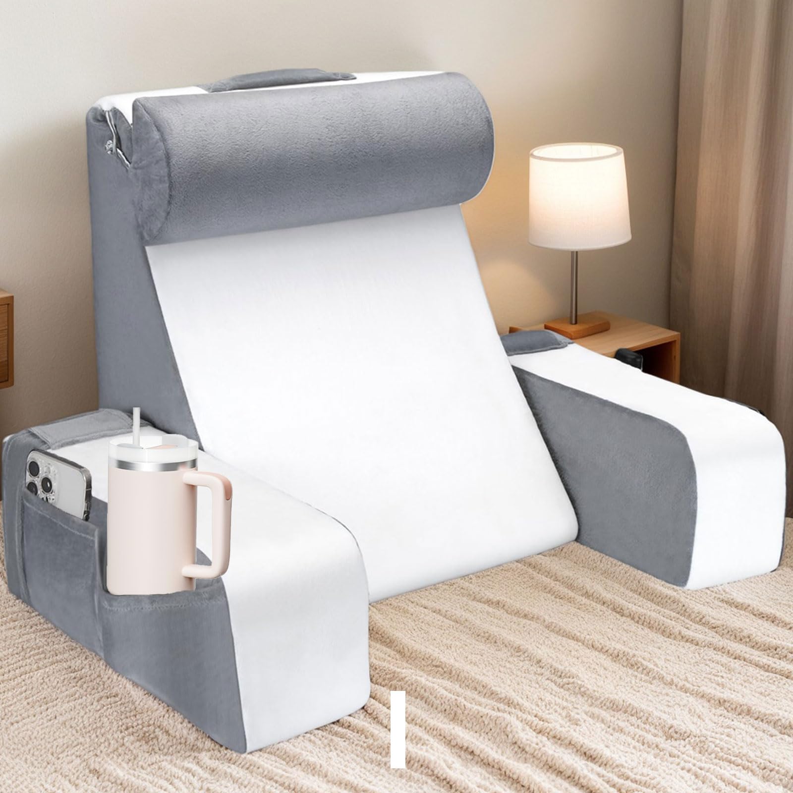 Coussin de Lecture pour lit et canapé, Coussin de Dos avec Soutien des Bras et Poches, Coussin de Dos pour Adulte, Coussin Dorsal Dossier Canapé, Oreiller de Lecture en Mousse à Mémoire de Forme