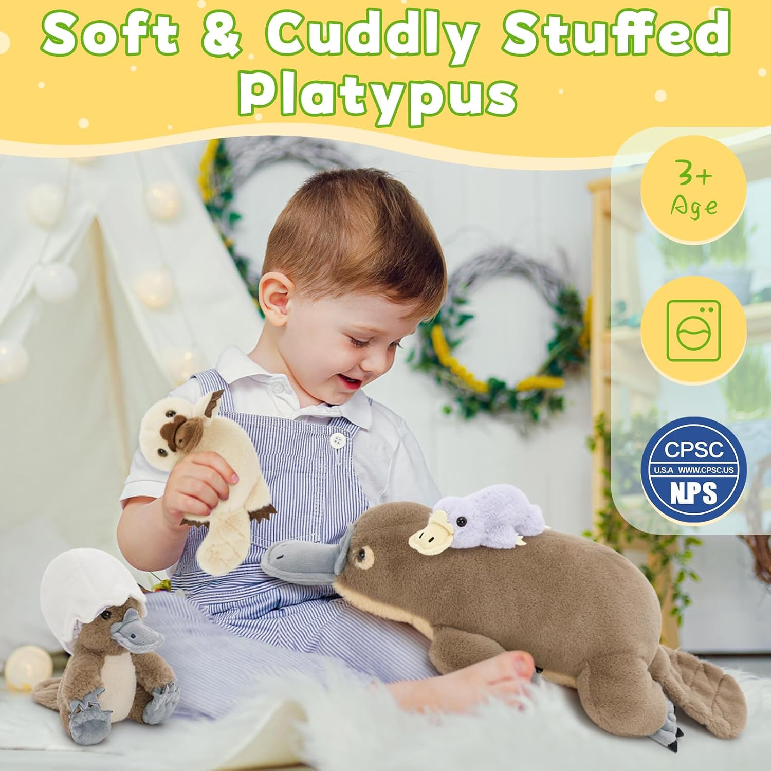 Tezituor 21" Platypus Stuffed Animal with 3 Babies & 2 Eggs, Cute Realistic Platypus Plush Toys for Kids, Christmas, Easter, Birthday, Party and Decorations