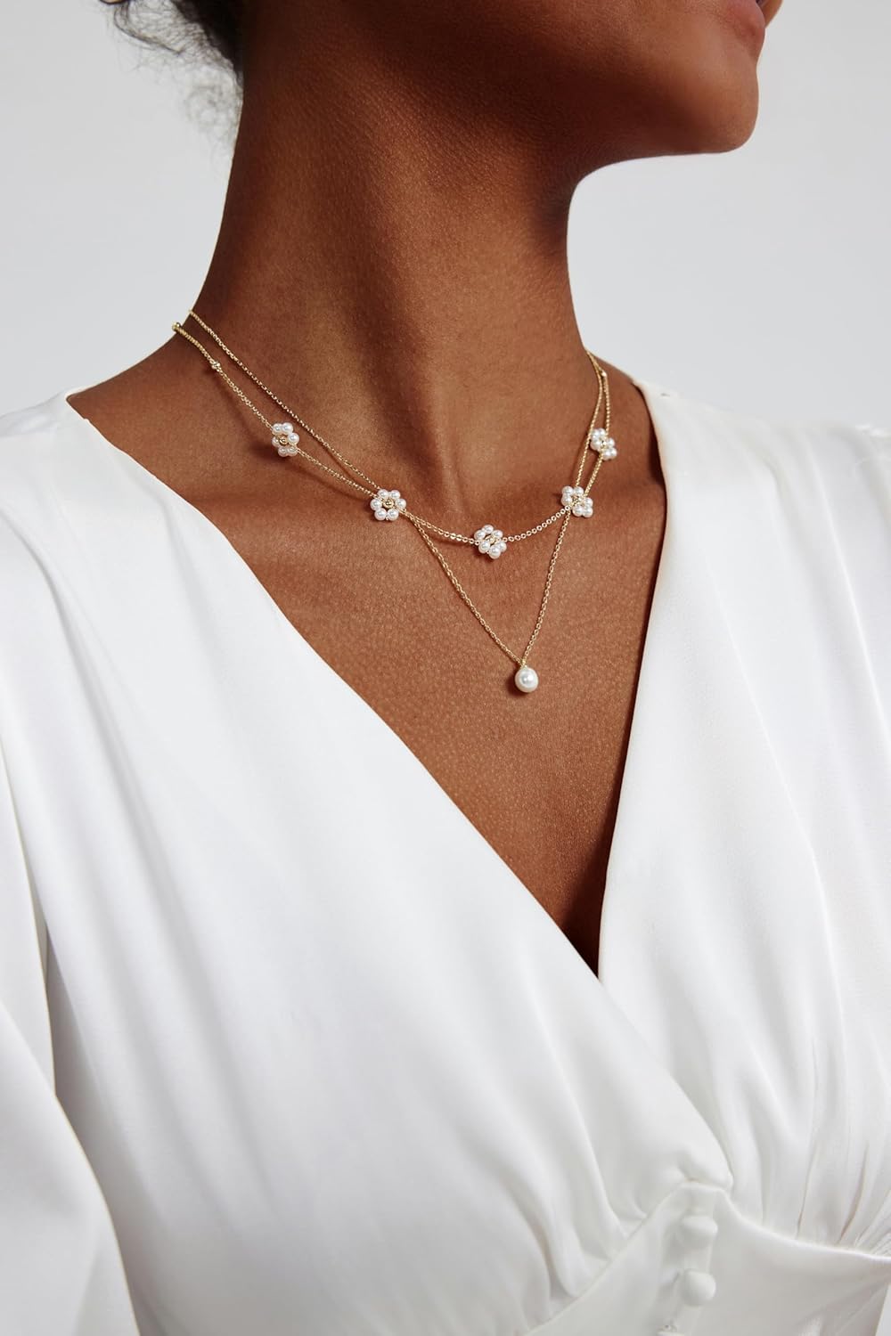 Gold Jewelry Set for Women - Dainty 14K Gold Plated Pearl Necklace and Earring Set with Drop Earrings, Bracelets, Choker Necklace - Wedding Jewelry Gift - Image 4