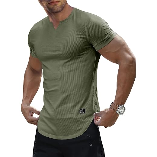 JMIERR Mens Muscle Slim T Shirt V-Neck Longline Henley Shirt Gym Workout Athletic Tee Shirts