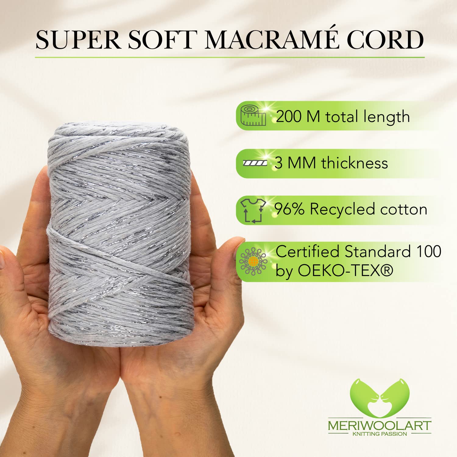 MeriWoolArt® Macrame Yarn Grey - 3 mm Coloured 200 m - Super Soft Recycled Cotton Yarn - DIY Boho Decorative - Image 2