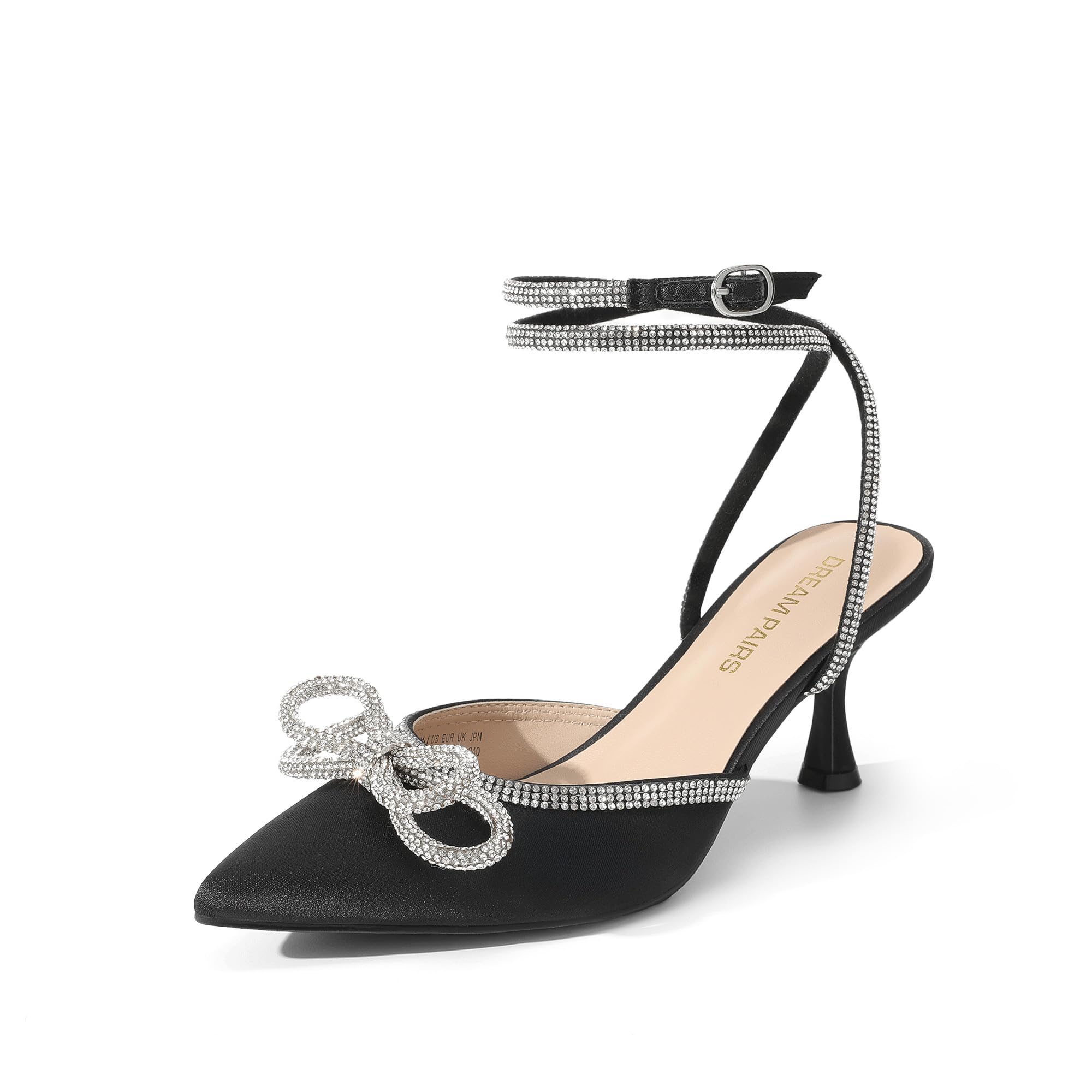 DREAM PAIRS Kitten Heels mit Strassschleife, Knöchelriemen, spitz zulaufende Zehen, Damen Brautschuhe Party Pumps