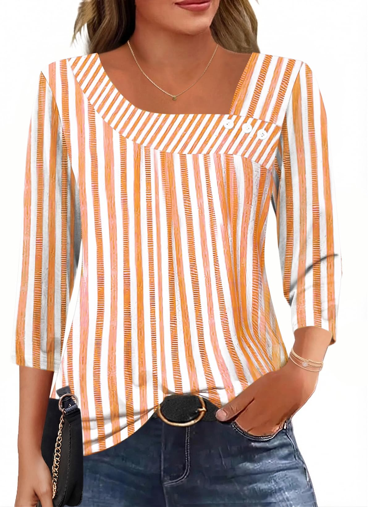 LOMON Womens 3/4 Length Sleeve T Shirts Asymmetrical Neck Tops Business Blouses for Women Fashion 2026