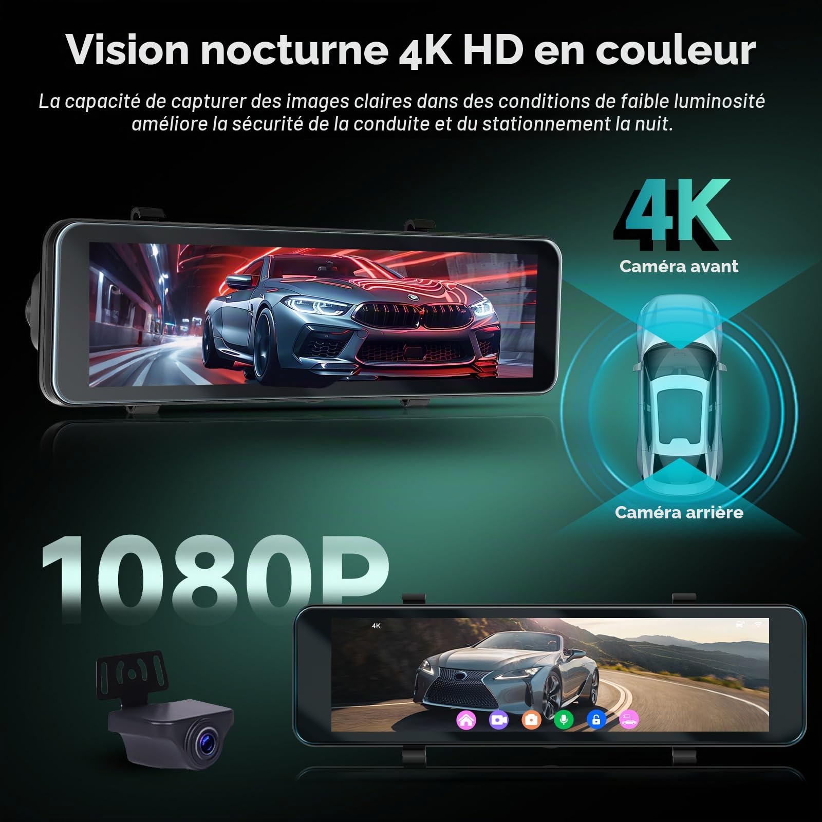 Hodozzy Dashcam Rétroviseur 4K Avant + 1080P Arrière Voiture, GPS ADAS BSD WiFi & App, écran Tactile 10,88 Pouces Caméra Voiture avec Mode Parking, G-Capteur, Boucle, Vision Nocturne, Carte 64Go