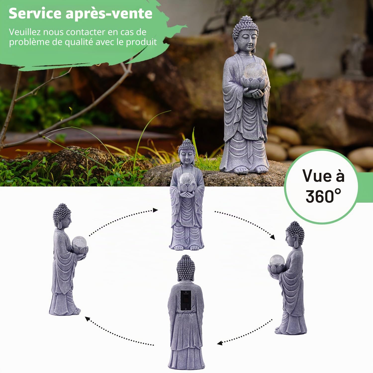 Yeomoo Figurine de Bouddha solaire - Hauteur : 36 cm - Avec LED et aspect craquelé - Grande décoration zen spirituelle pour jardin, terrasse et salon - Cadeau pour femmes, maman et homme (méditation