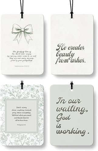 Miniatura 23 de Coquette - Ambientador cristiano para automóvil, 4 unidades, retro verde salvia, ambientador colgante religioso para autos, armario, cajón, libros,