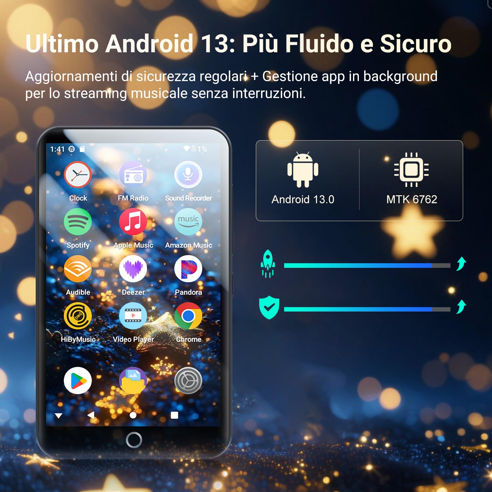 MECHEN Lettore MP3 Spotify, Bluetooth 5.0 e WiFi per Streaming Musicale (Spotify, Audible, Amazon Music, Deezer), Sistema Android 13, 4 Pollici Touchscreen (32GB)