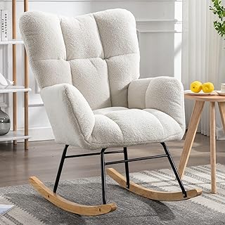 KINFFICT Teddy Velvet Rocking Accent Chair, Uplostered Glider Rocker Armchair for Nursery, Comfy Side Chair for Living Room, Bedroom (Ivory+Teddy Fabric)