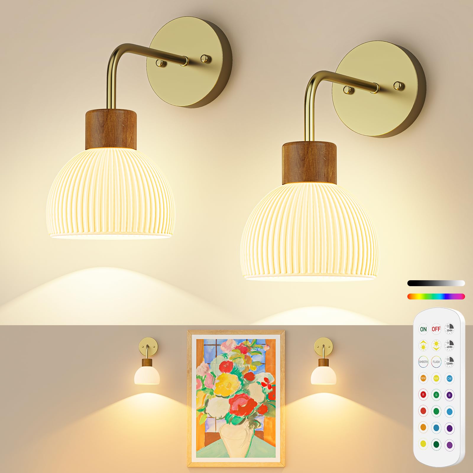 Photo 1 of PRTILOUD Glass Battery Operated Wall Sconces Set of 2, Rechargeable Wall Lamp with Remote, 12 Colors Dimmable Wireless Sconces Wall Decor Set of 2 with Timer for Bedroom Living Room (Gold, 2 Pack)