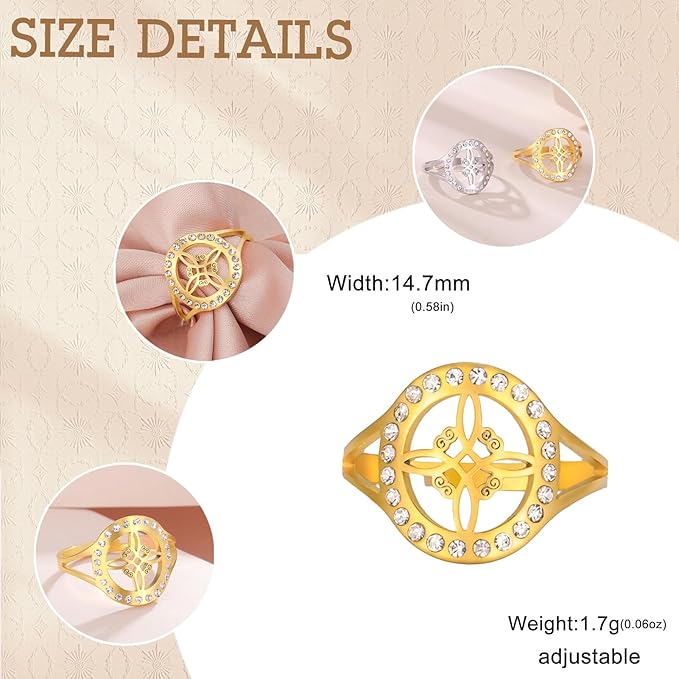 Dreamtimes Heksenknoopring voor vrouwen, ring, Keltische knoop, heks, roestvrij staal, instelbare open vingerringen, heldere zirkoon heks, amulet sieraden, M, Roestvrij staal, niet van toepassing