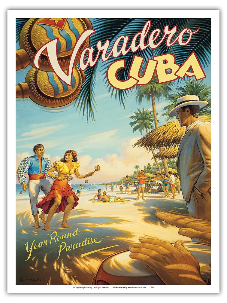 Varadero Cuba - Year Round Paradise - Native Cuban Dancers with Maracas - Vintage Travel Poster by Kerne Erickson - Master Art Print (Unframed) 9in x