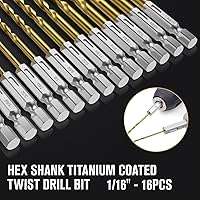 Vista 4 de Juego de Brocas de Vástago Hexagonal, 16 Piezas Brocas Helicoidales de Titanio HSS de 1/16" para Chapa Metálica, Madera, Plástico, Diseño de Cambio