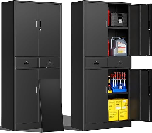 Miniatura 19 de Armario de almacenamiento de metal de 36 pulgadas de alto, armario de almacenamiento de garaje con 2 puertas con cerradura y 1 cajón, archivadores